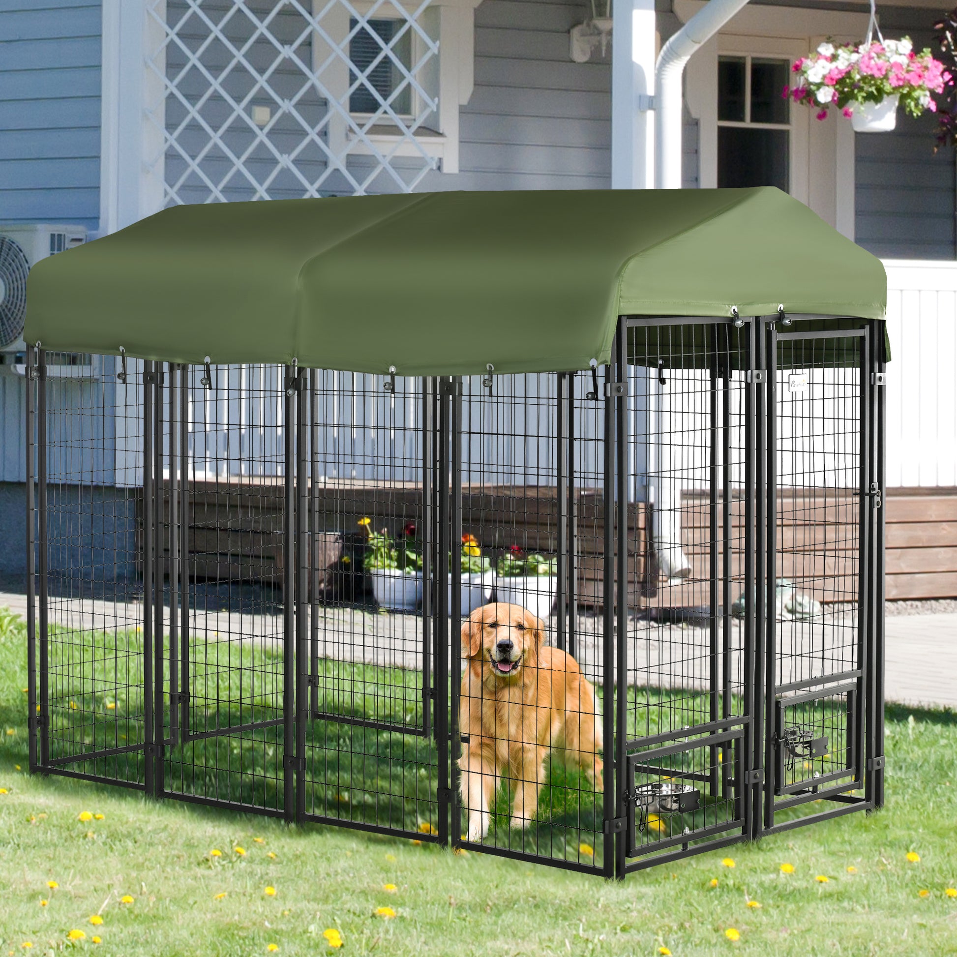 Pawhut 8' X 4' X 6' Dog Kennel Outdoor With Rotating Bowl Holders, Walk In Pet Playpen, Welded Wire Steel Dog Fence With Water And Uv Resistant Canopy, Green Green Steel