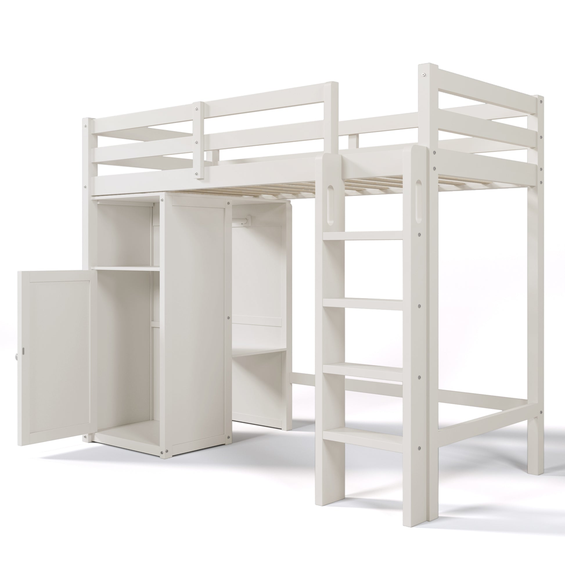 Twin Loft Bed With Wardrobe, Storage Shelves And Ladder, White Twin White Solid Wood Mdf