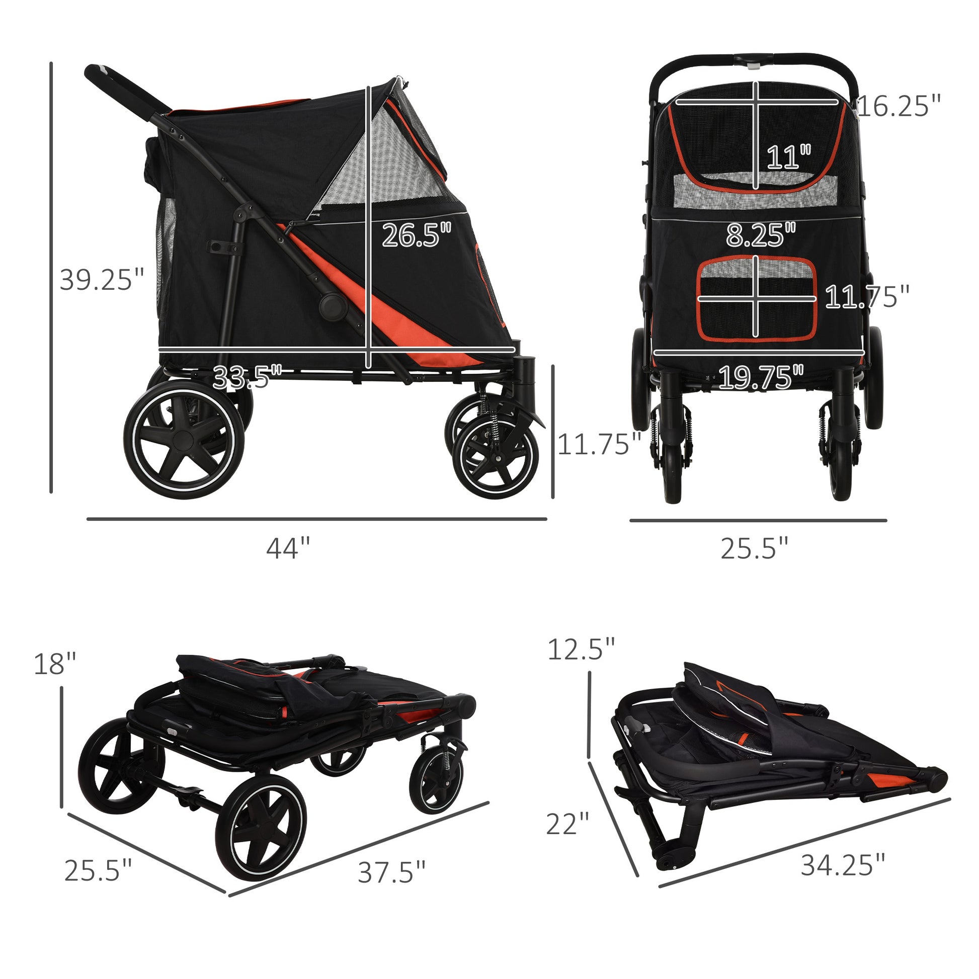 Pawhut 1 Click Foldable Doggy Stroller For Medium Large Dogs, Pet Stroller With Storage, Smooth Ride With Shock Absorption, Mesh Window, Safety Leash, Big Dog Walking Stroller, Black Black Steel