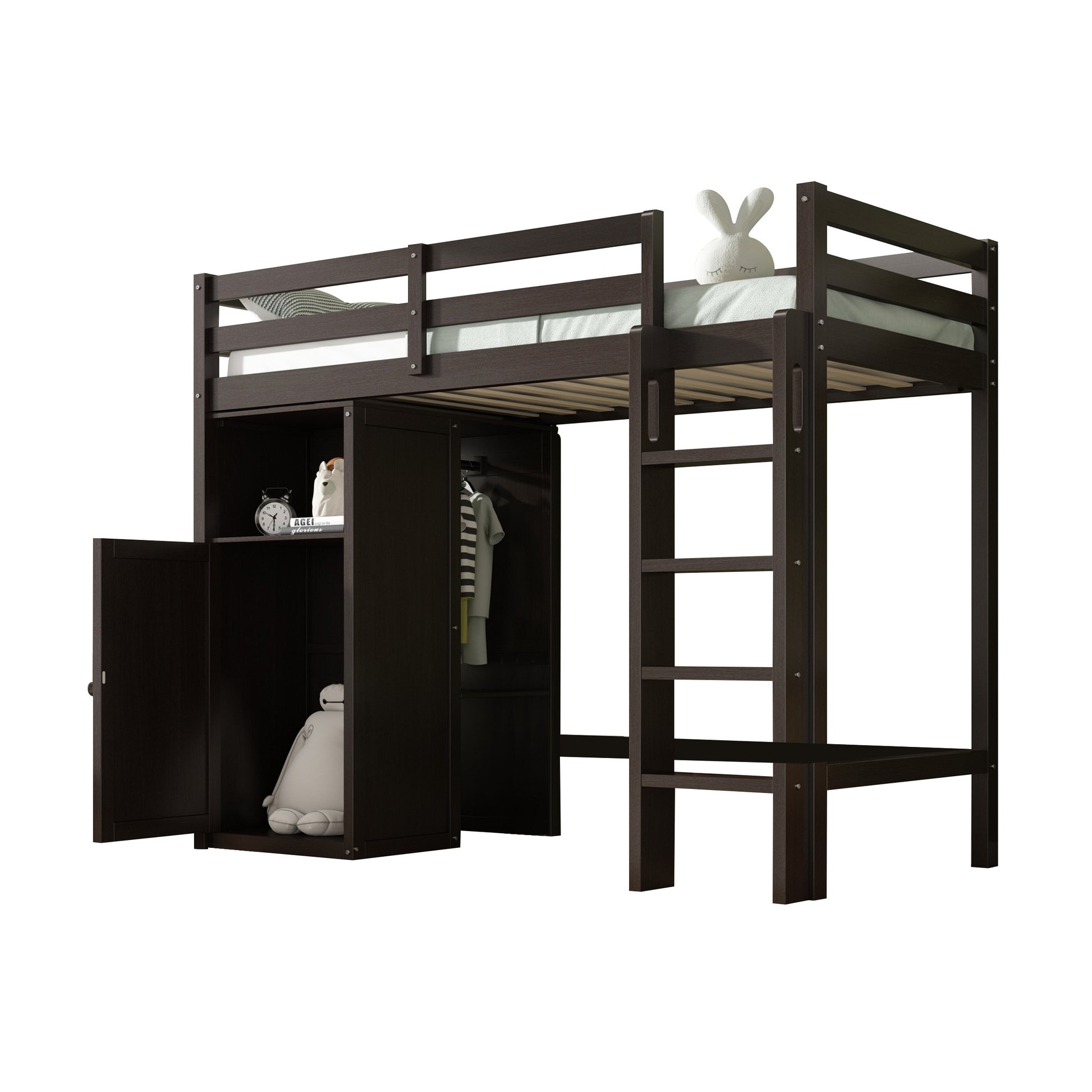 Twin Loft Bed With Wardrobe, Storage Shelves And Ladder, Espresso Twin Espresso Solid Wood Mdf