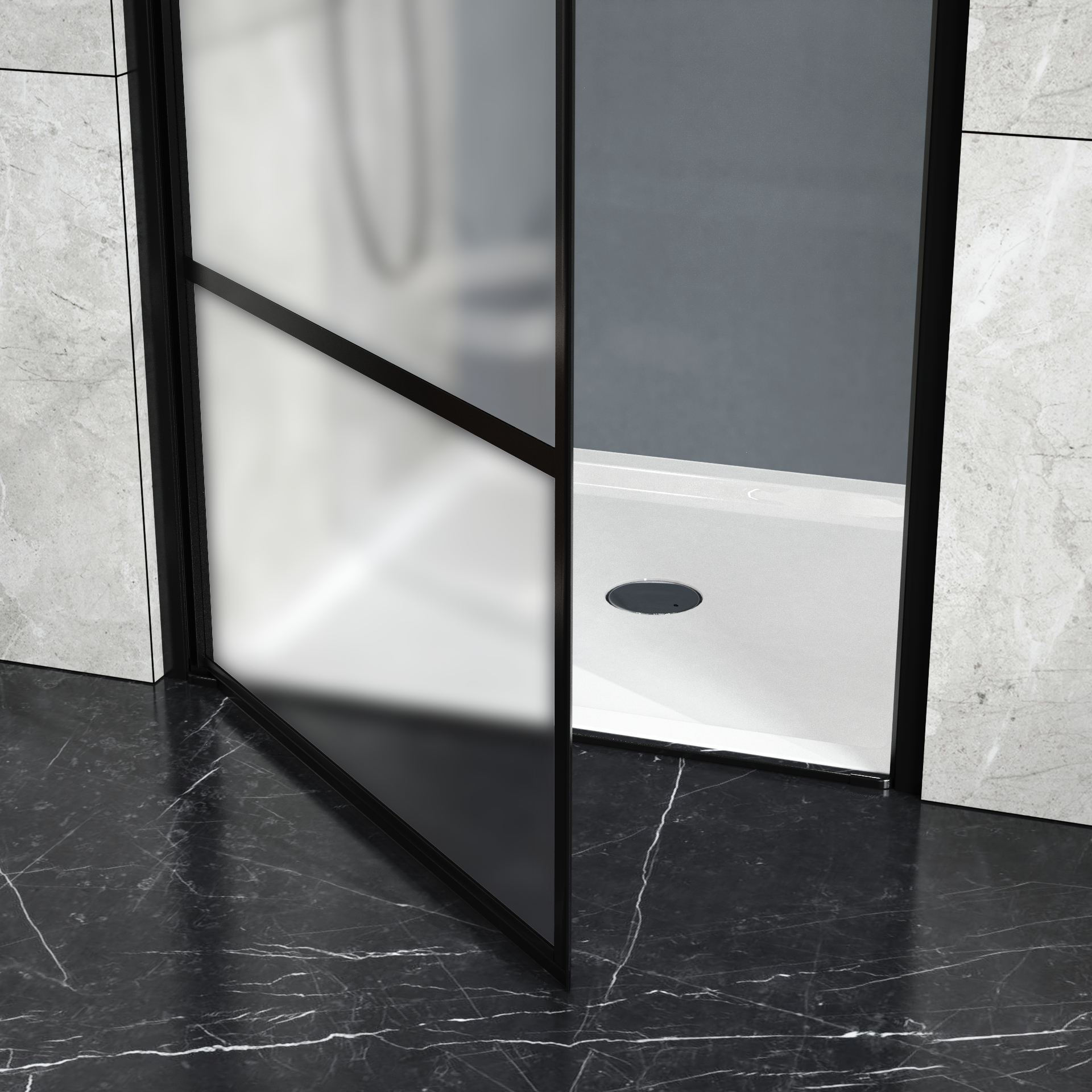 Goodyo Framed Hinged Shower Door,34"X72" Swing Tempered Glass Door, Black, Frosted Black Glass