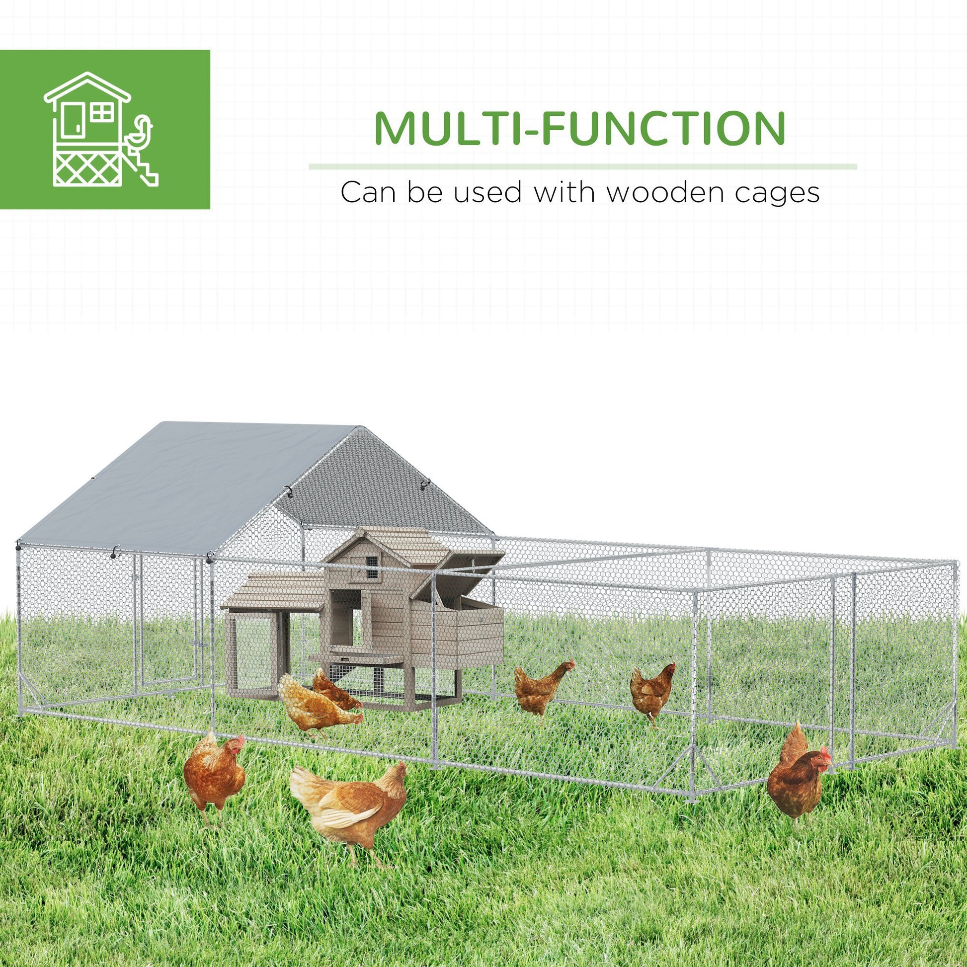 Pawhut Large Chicken Coop Metal Chicken Run For Chickens With Waterproof And Anti Uv Cover, Spire Shaped Walk In Fence Cage Hen House For Outdoor And Yard Farm Use, 1" Dia, 9.8' X 19.7' X 6.4' Silver Steel