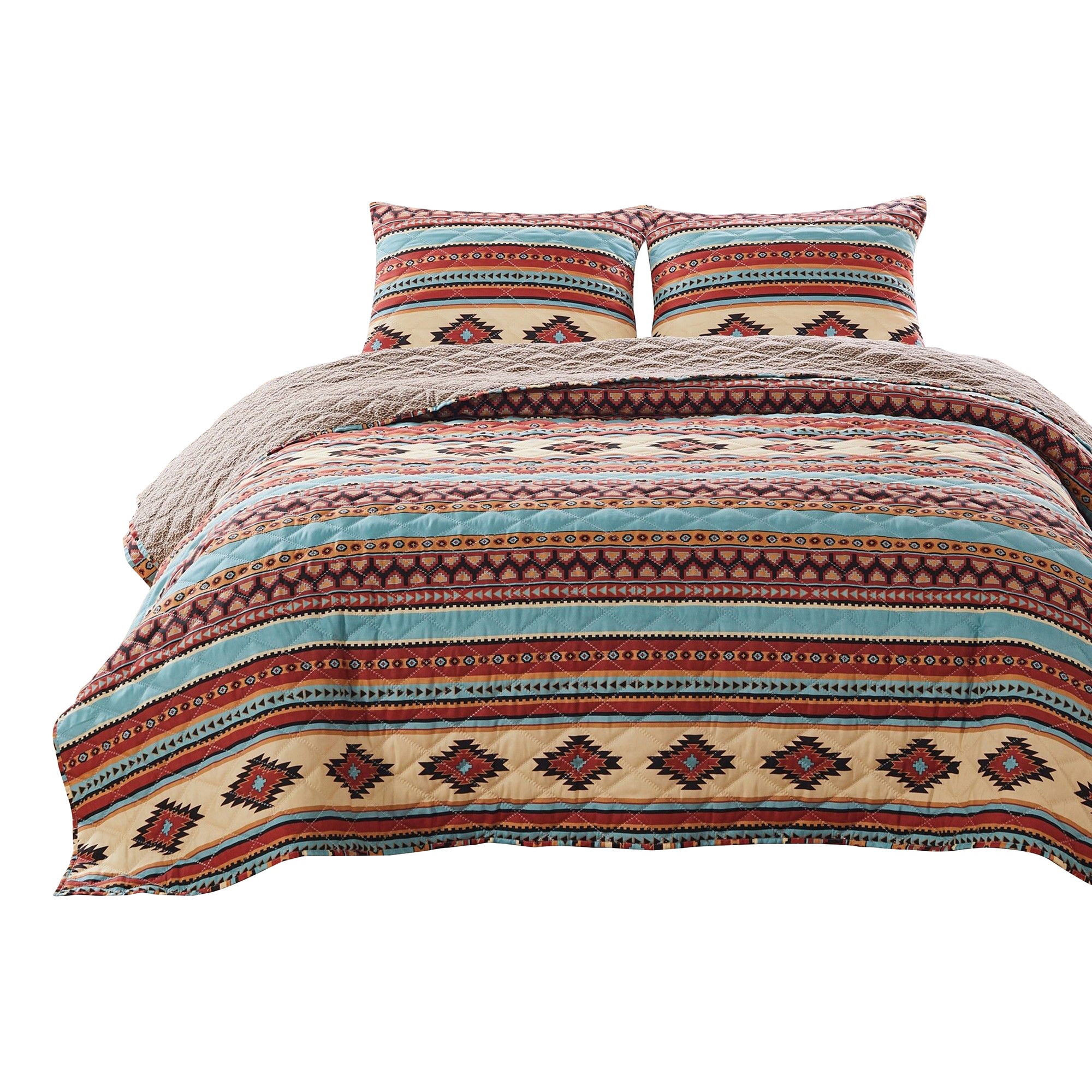 Linda 3 Piece Full Quilt Set, Tribal Pattern, Diamond Design, Multicolor Multicolor Microfiber