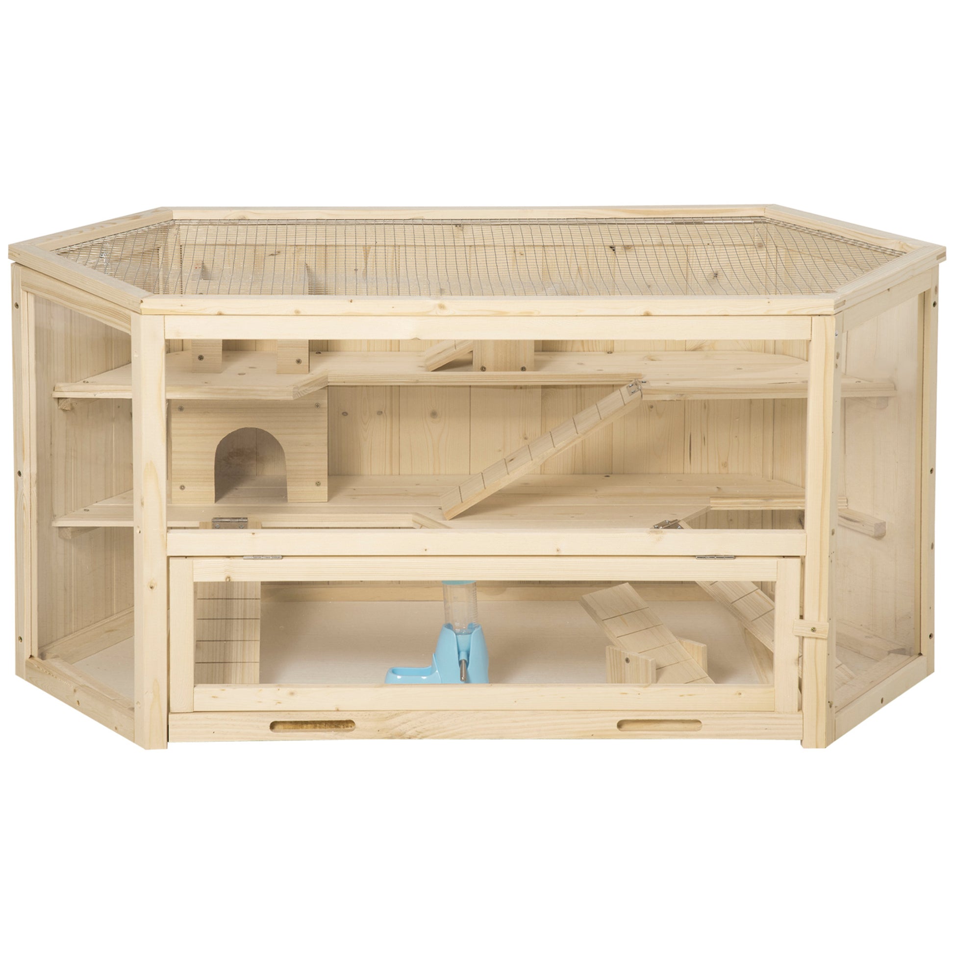 Pawhut Wooden Large Hamster Cage Small Animal Exercise Play House 3 Tier With Tray, Seesaws, Water Bottle, Activity Center, Natural Natural Wood