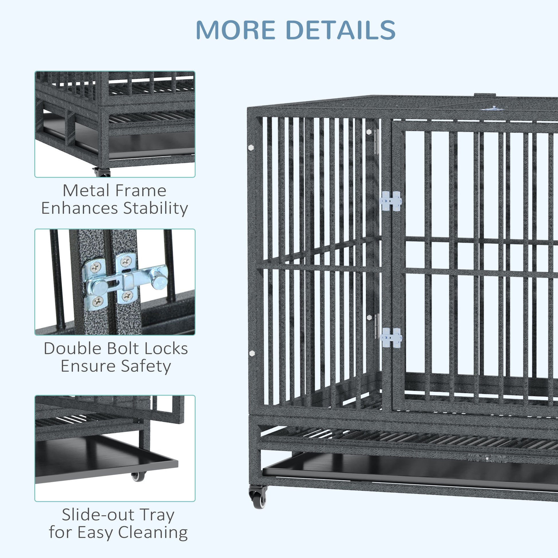 Pawhut 43" Heavy Duty Dog Crate Metal Cage Kennel With Lockable Wheels, Double Door And Removable Tray, Grey Gray Steel