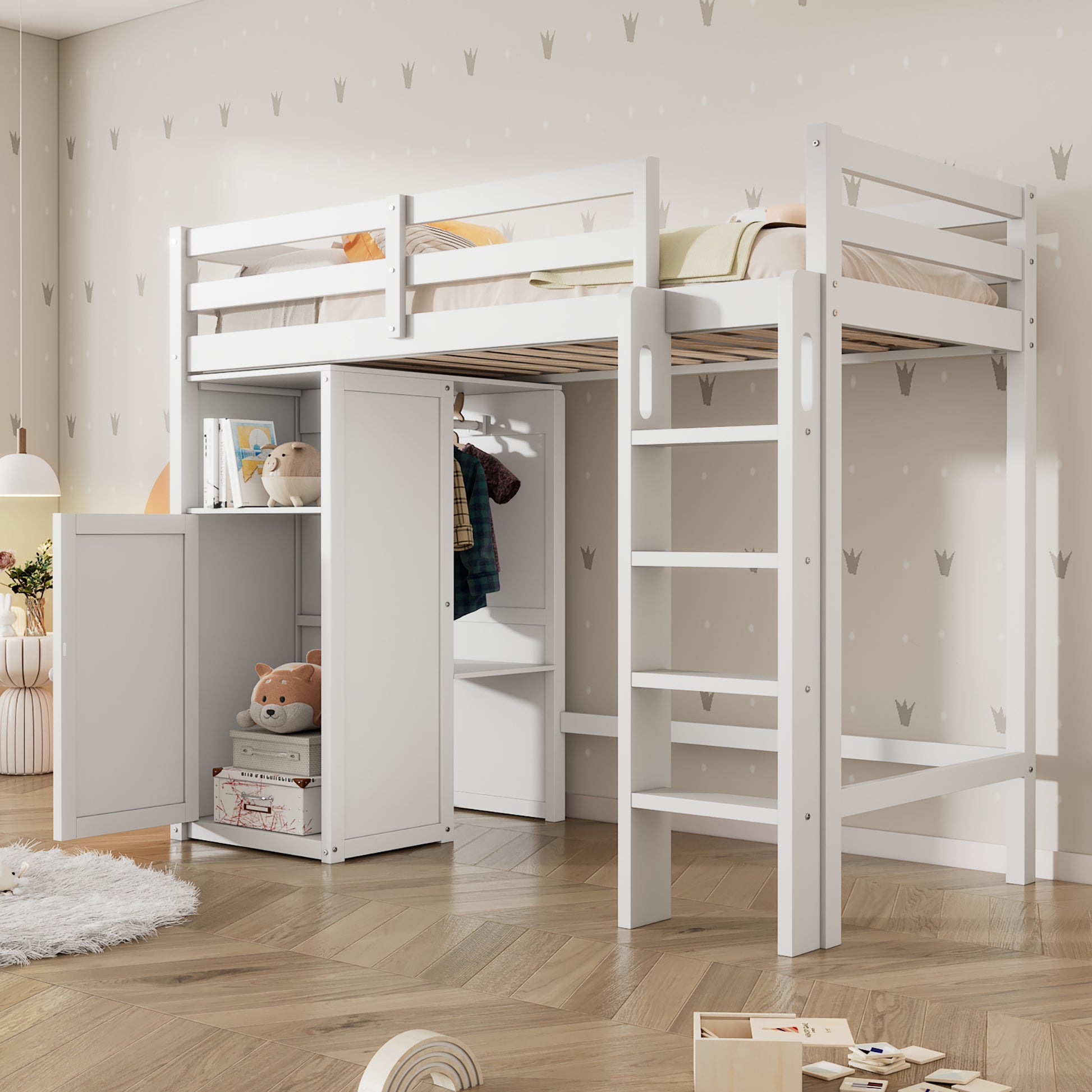 Twin Loft Bed With Wardrobe, Storage Shelves And Ladder, White Twin White Solid Wood Mdf