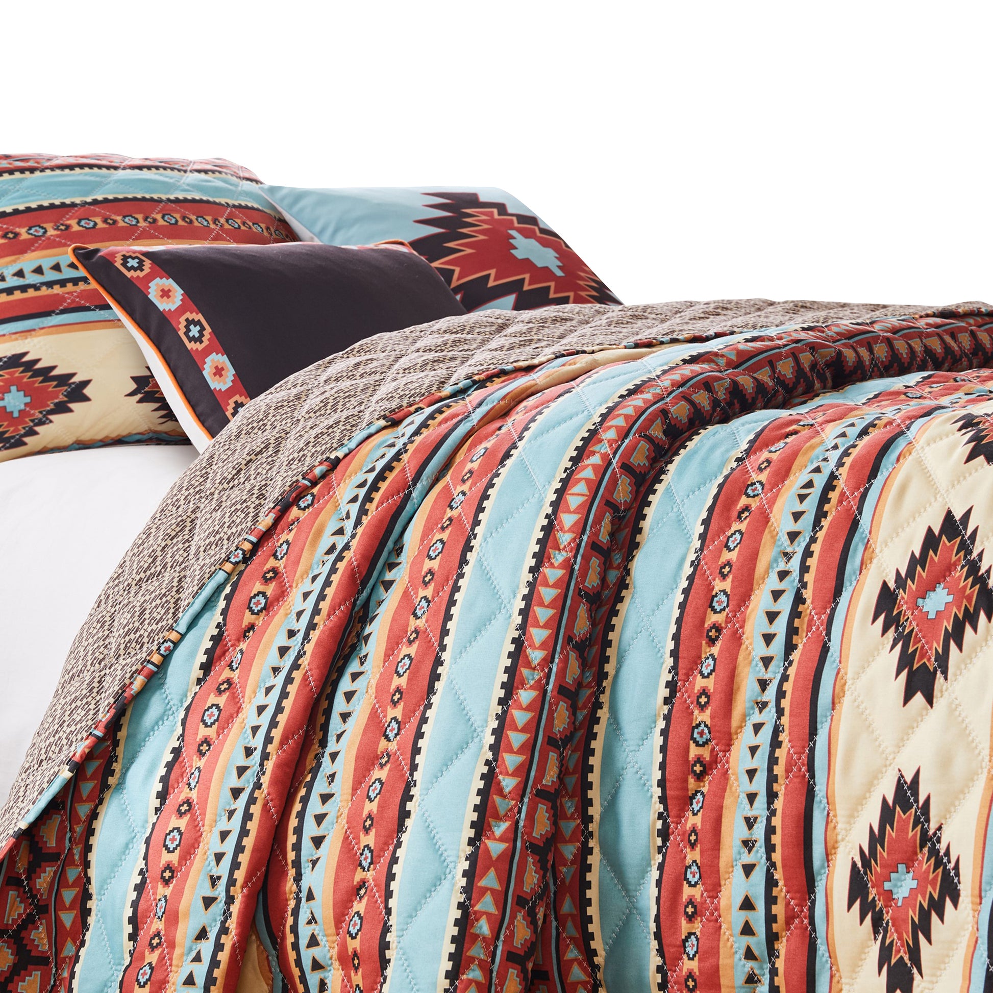 Linda 3 Piece Full Quilt Set, Tribal Pattern, Diamond Design, Multicolor Multicolor Microfiber