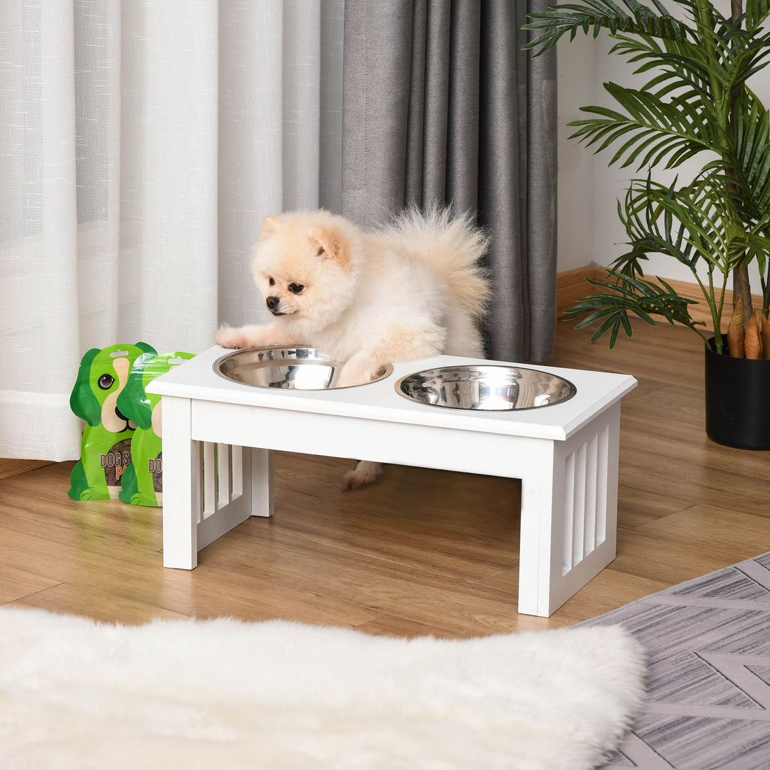 Pawhut 6" Height Small Puppy Dog Feeding Station For Messy Pets, Stainless Steel Elevated Dog Bowls With Modern Wooden Frame, Dog Food Stand Pet Feeding Station, White White Steel