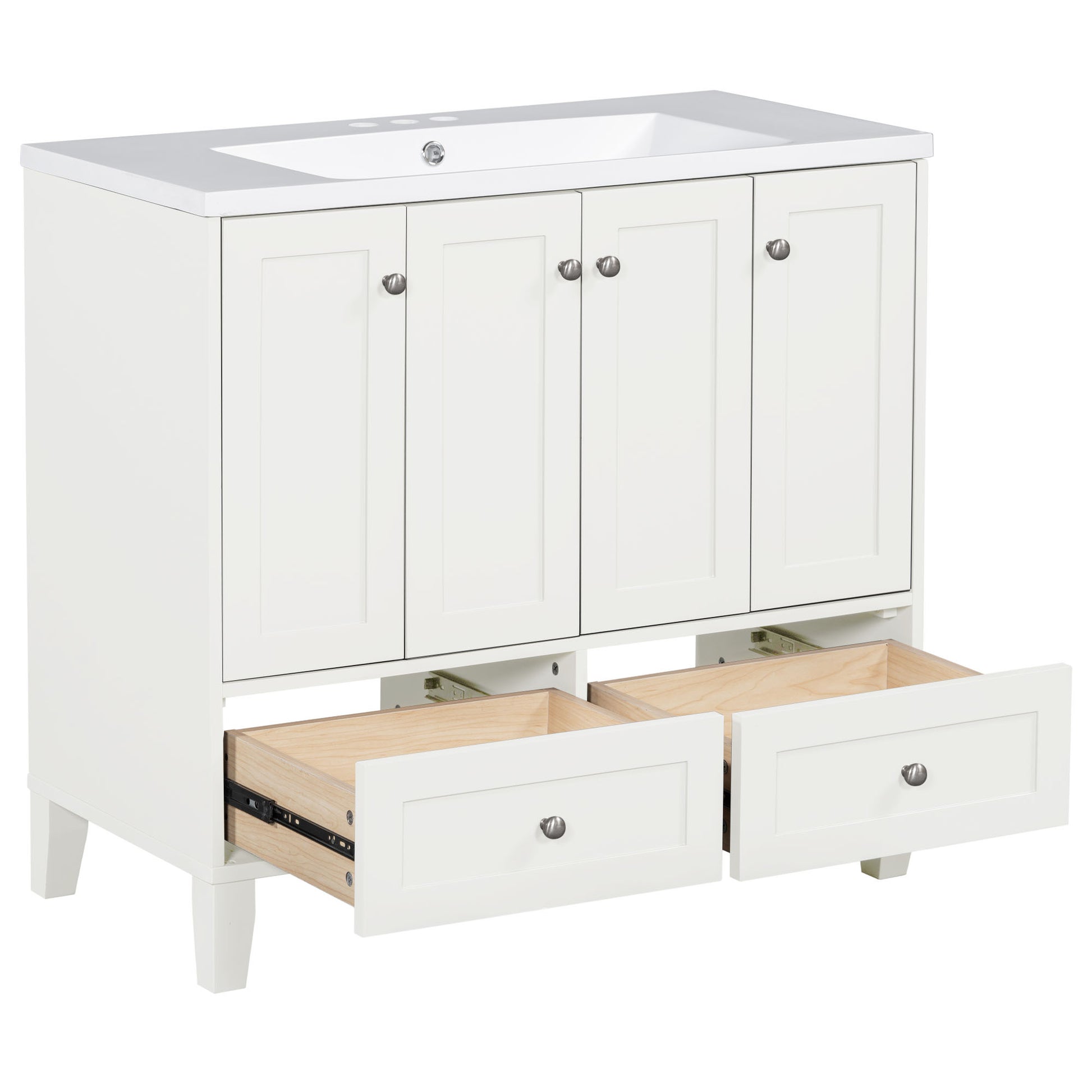 36'' Bathroom Vanity With Resin Sink Combo,Solid Wood Frame Bathroom Storage Cabinet, Freestanding Vanity Set With 4 Soft Closing Doors& 2 Drawers 2 White 4 5 Adjustable Shelves Bathroom Freestanding Solid Wood Mdf Resin Painted