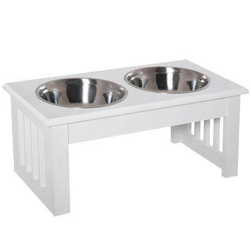 Pawhut 6" Height Small Puppy Dog Feeding Station For Messy Pets, Stainless Steel Elevated Dog Bowls With Modern Wooden Frame, Dog Food Stand Pet Feeding Station, White White Steel