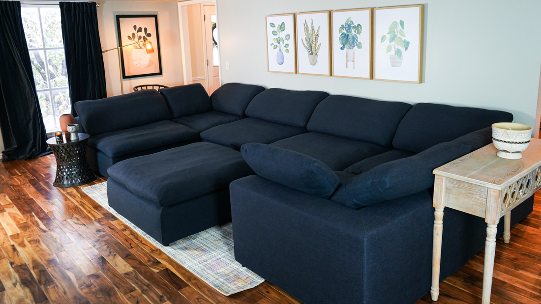 Harper Luxe Navy Sectional 7 Seat Configuration Navy Wood Linen 7 Seat