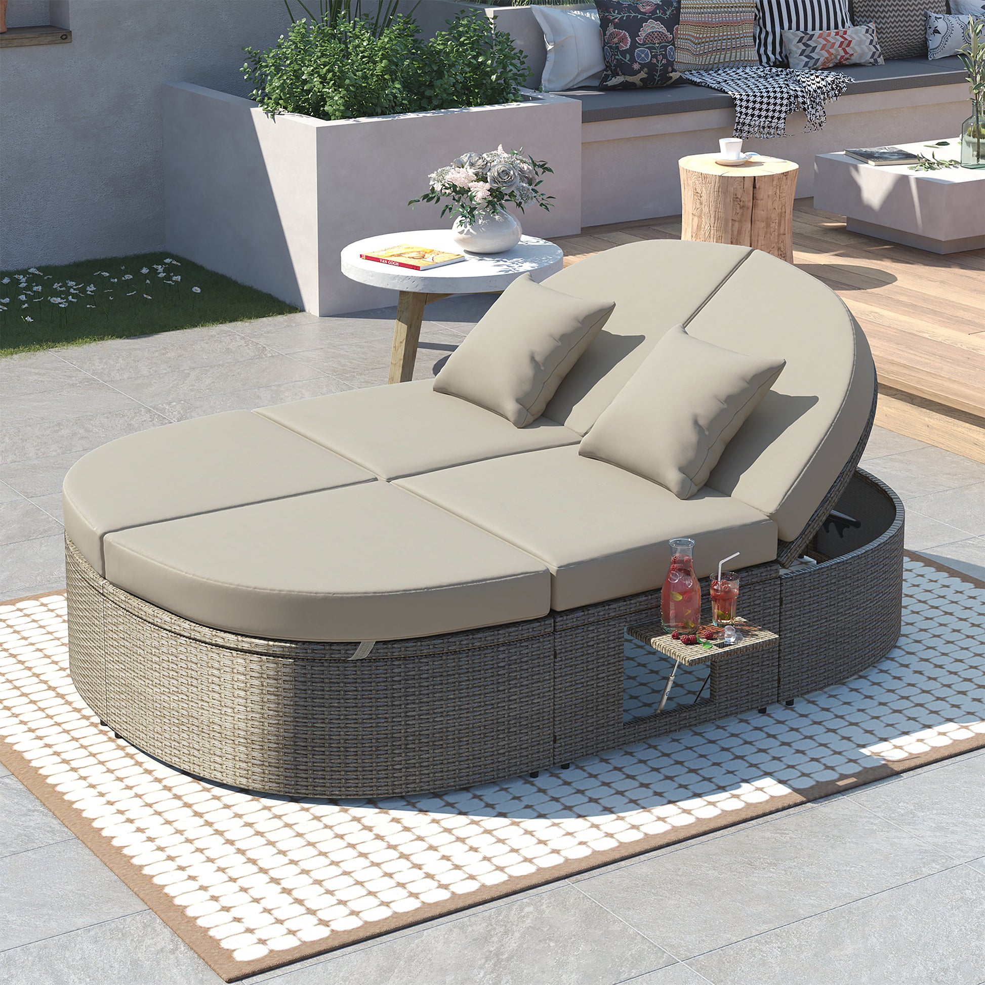 Outdoor Sun Bed Patio 2 Person Daybed With Cushions And Pillows, Rattan Garden Reclining Chaise Lounge With Adjustable Backrests And Foldable Cup Trays For Lawn,Poolside, Gray Yes Complete Patio Set Gray Weather Resistant Frame Water Resistant Cushion