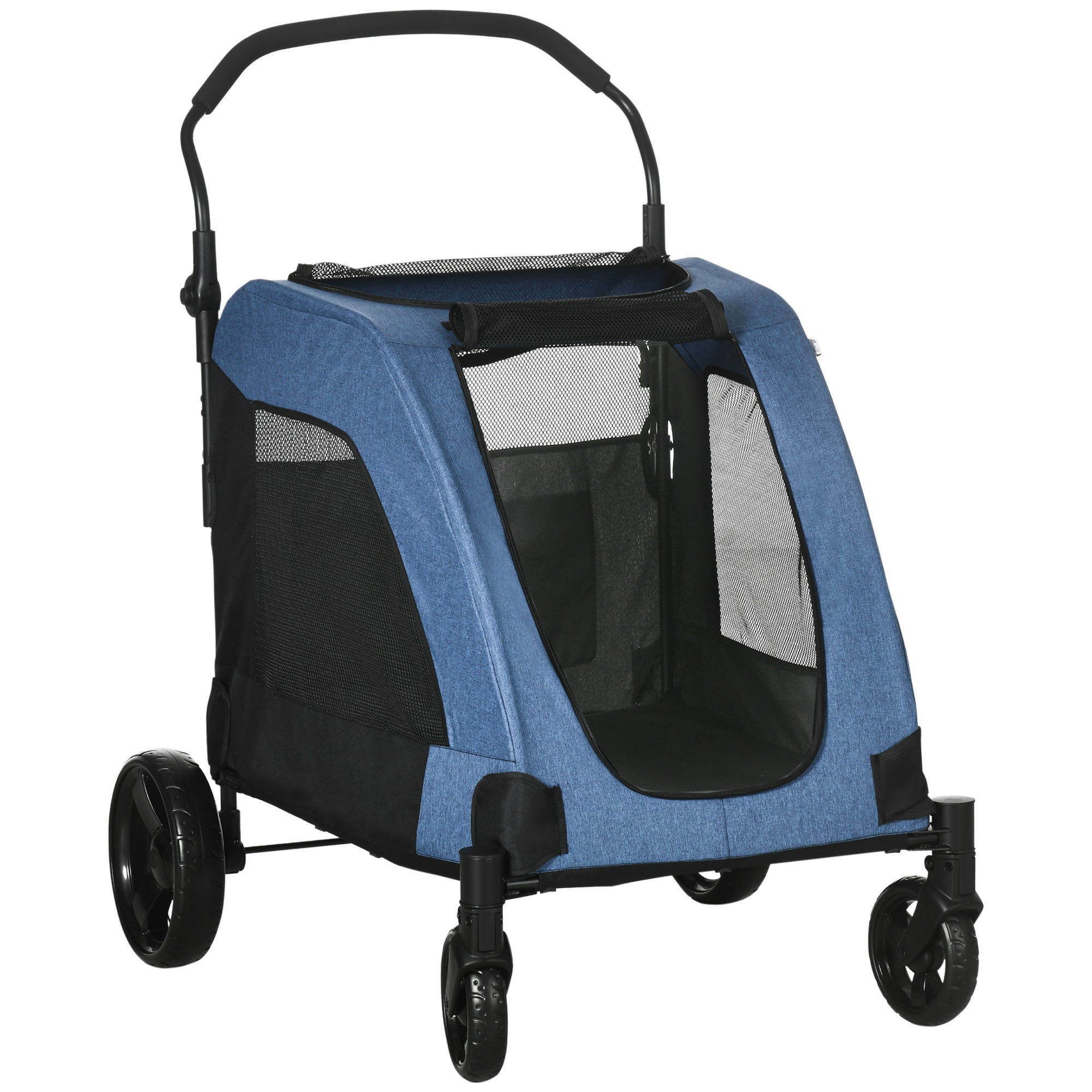 Pawhut Pet Stroller Universal Wheel With Storage Basket Ventilated Foldable Oxford Fabric For Medium Size Dogs, Blue Blue Iron