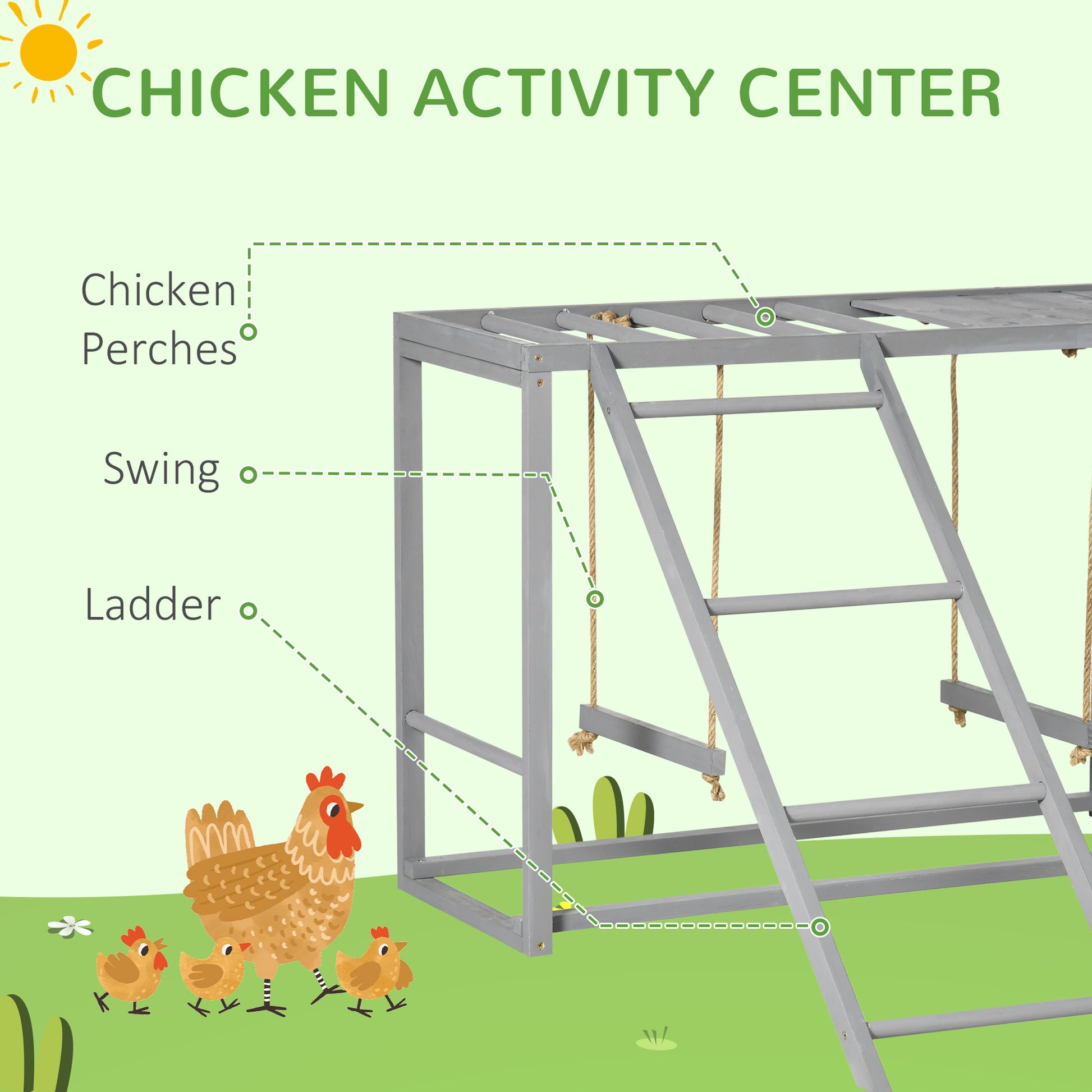 Pawhut Chicken Activity Play With Swing Set For 3 4 Birds, Wooden Chicken Coop Accessory With Multiple Chicken Perches & Hen Ladder Gray Gray Wood