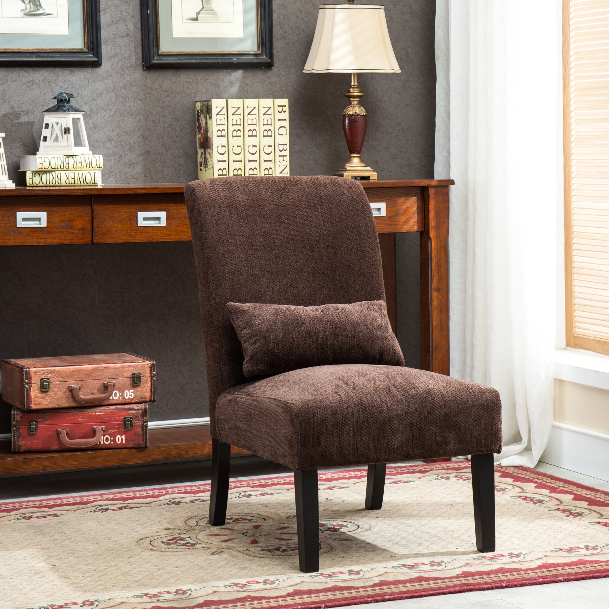 Pisano Contemporary Chenille Fabric Armless Accent Chair With Pillow, Chocolate Chocolate Polyester