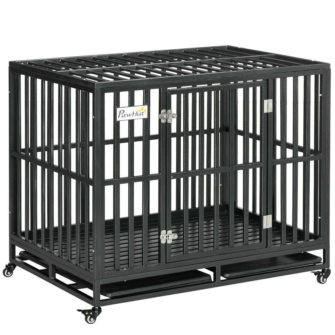 Pawhut Heavy Duty Dog Crate Metal Kennel And Cage Dog Playpen With Lockable Wheels, Slide Out Tray And Anti Pinching Floor Black Steel