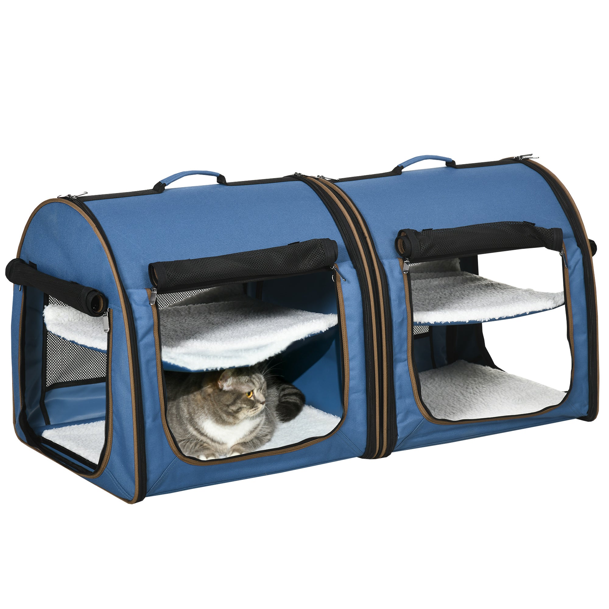 Pawhut 39" Portable Soft Sided Pet Cat Carrier With Divider, Two Compartments, Soft Cushions, & Storage Bag, Blue Blue Metal