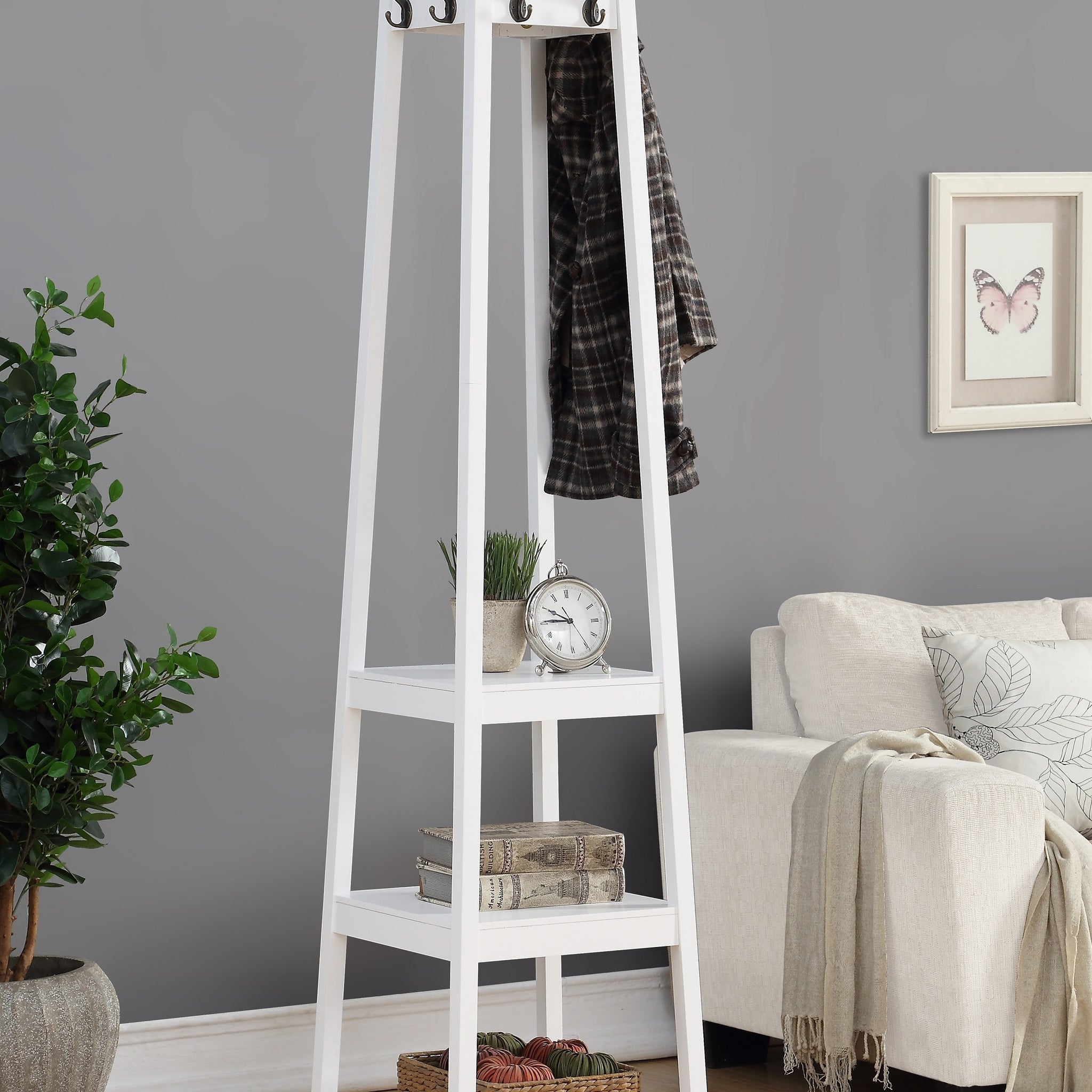 Vassen Coat Rack W 3 Tier Storage Shelves In White Finish White Wood