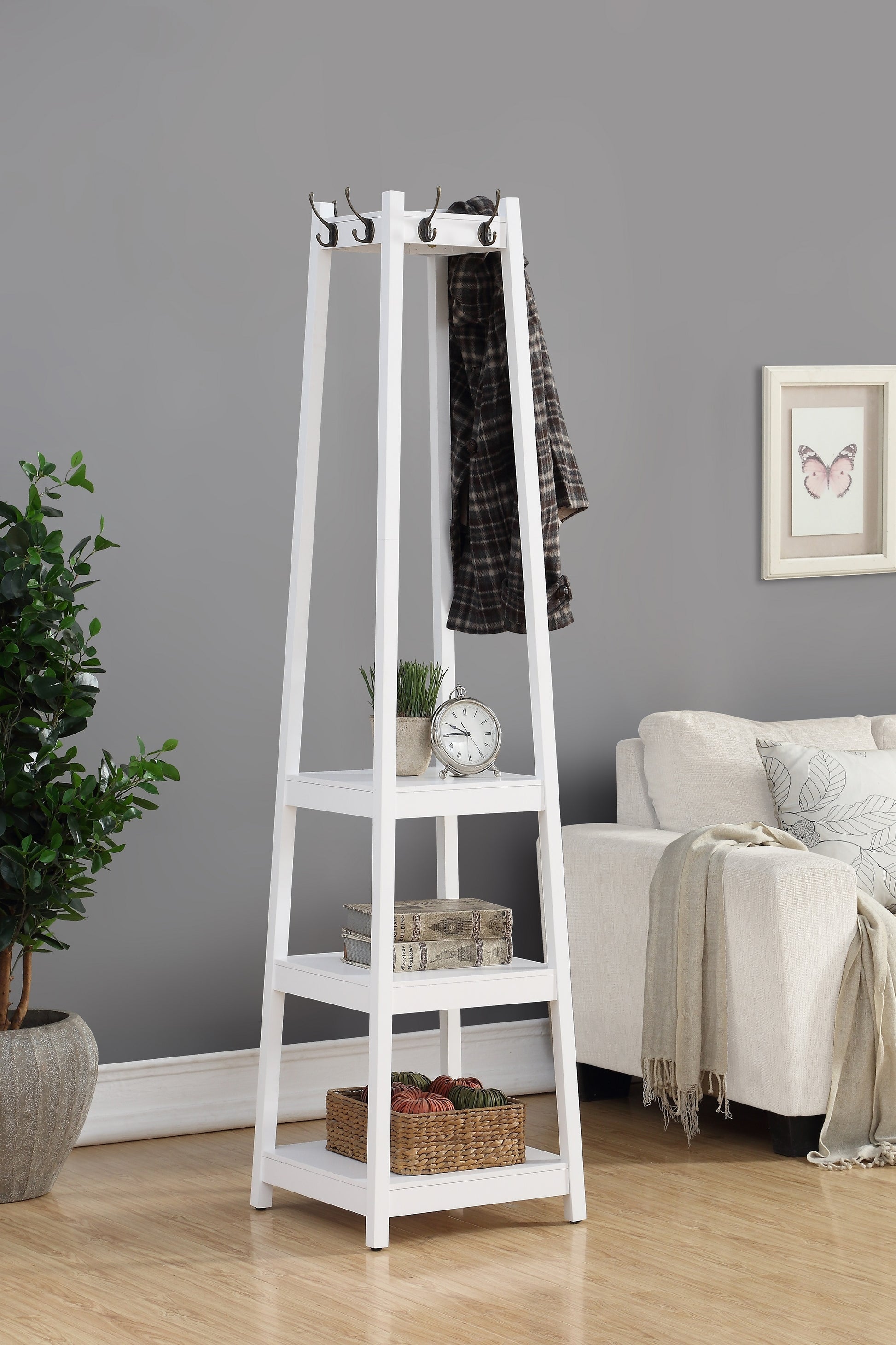 Vassen Coat Rack W 3 Tier Storage Shelves In White Finish White Wood