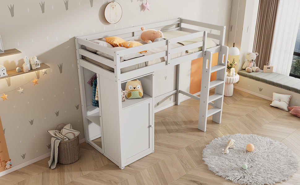 Twin Loft Bed With Wardrobe, Storage Shelves And Ladder, White Twin White Solid Wood Mdf