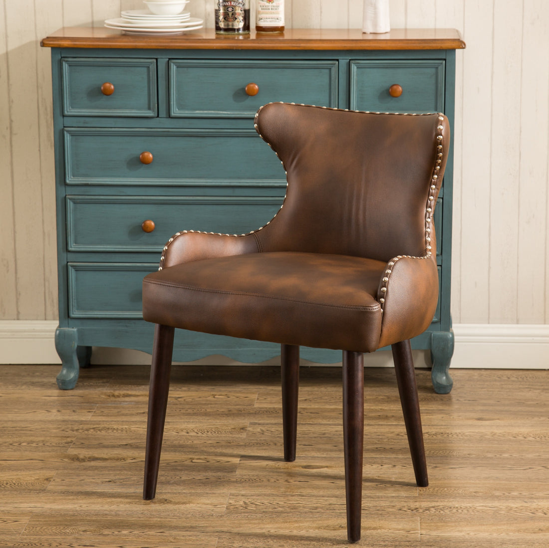 Viking Tufted Button Back Barrel Chair With Nailhead, Brown Brown Faux Leather
