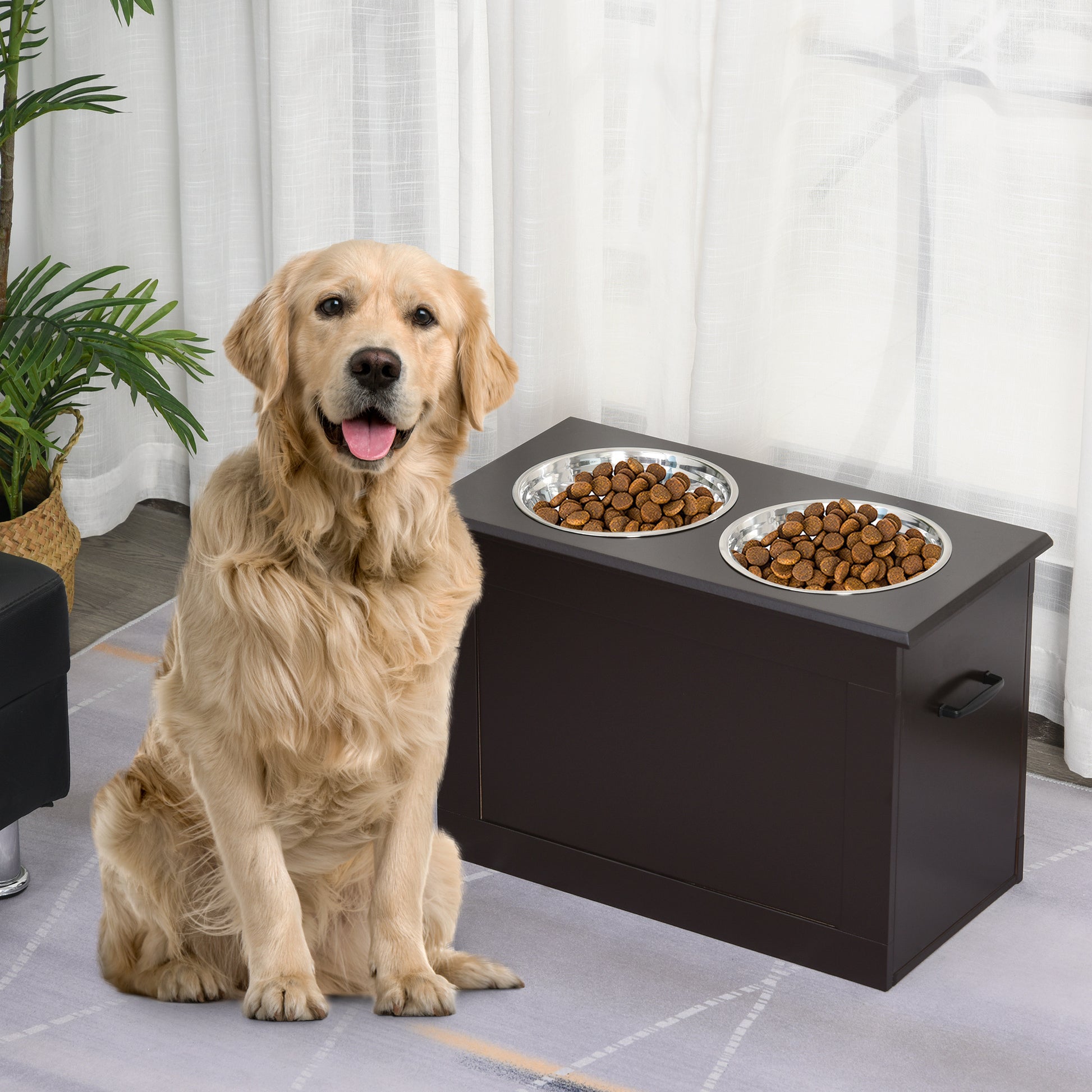 Pawhut Raised Pet Feeding Storage Station With 2 Stainless Steel Bowls Base For Large Dogs And Other Large Pets, Dark Brown Brown Steel