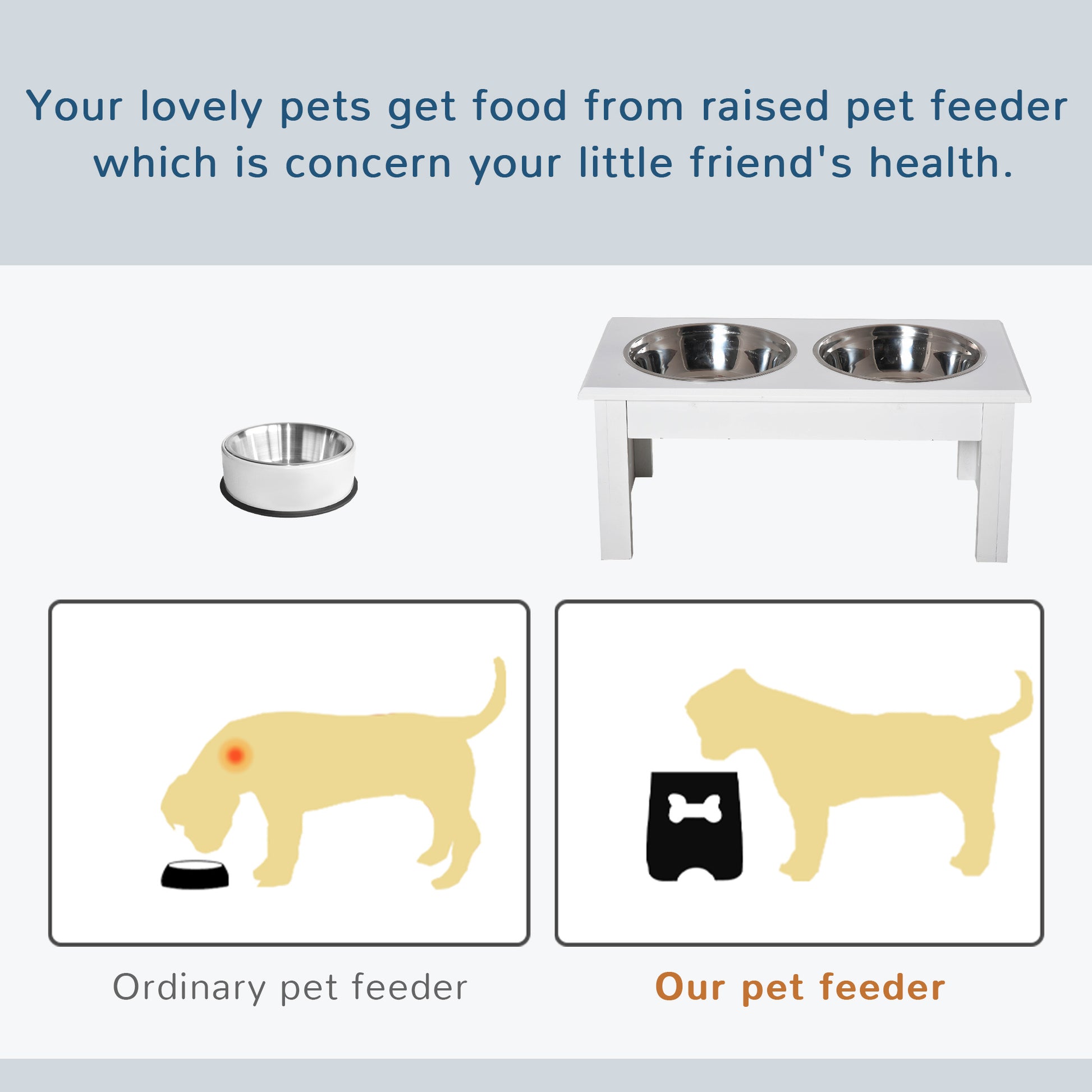 Pawhut 6" Height Small Puppy Dog Feeding Station For Messy Pets, Stainless Steel Elevated Dog Bowls With Modern Wooden Frame, Dog Food Stand Pet Feeding Station, White White Steel