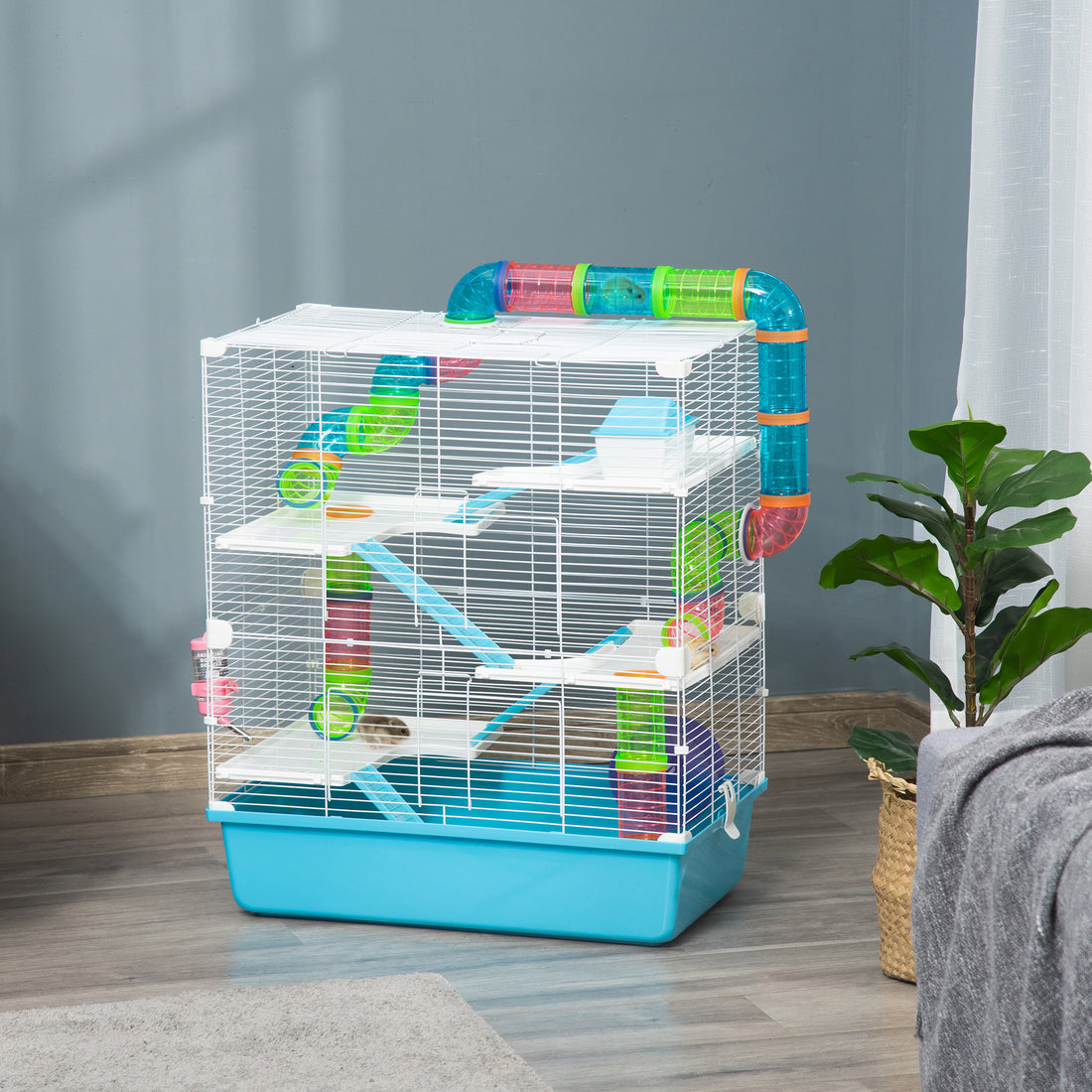 Pawhut Extra Large 23" Hamster Cage With Tubes And Tunnels, Portable Carry Handles, Rat House And Habitats Big 5 Tier Design, Includes Exercise Wheel, Water Bottle, Food Dish, Light Blue Blue Metal