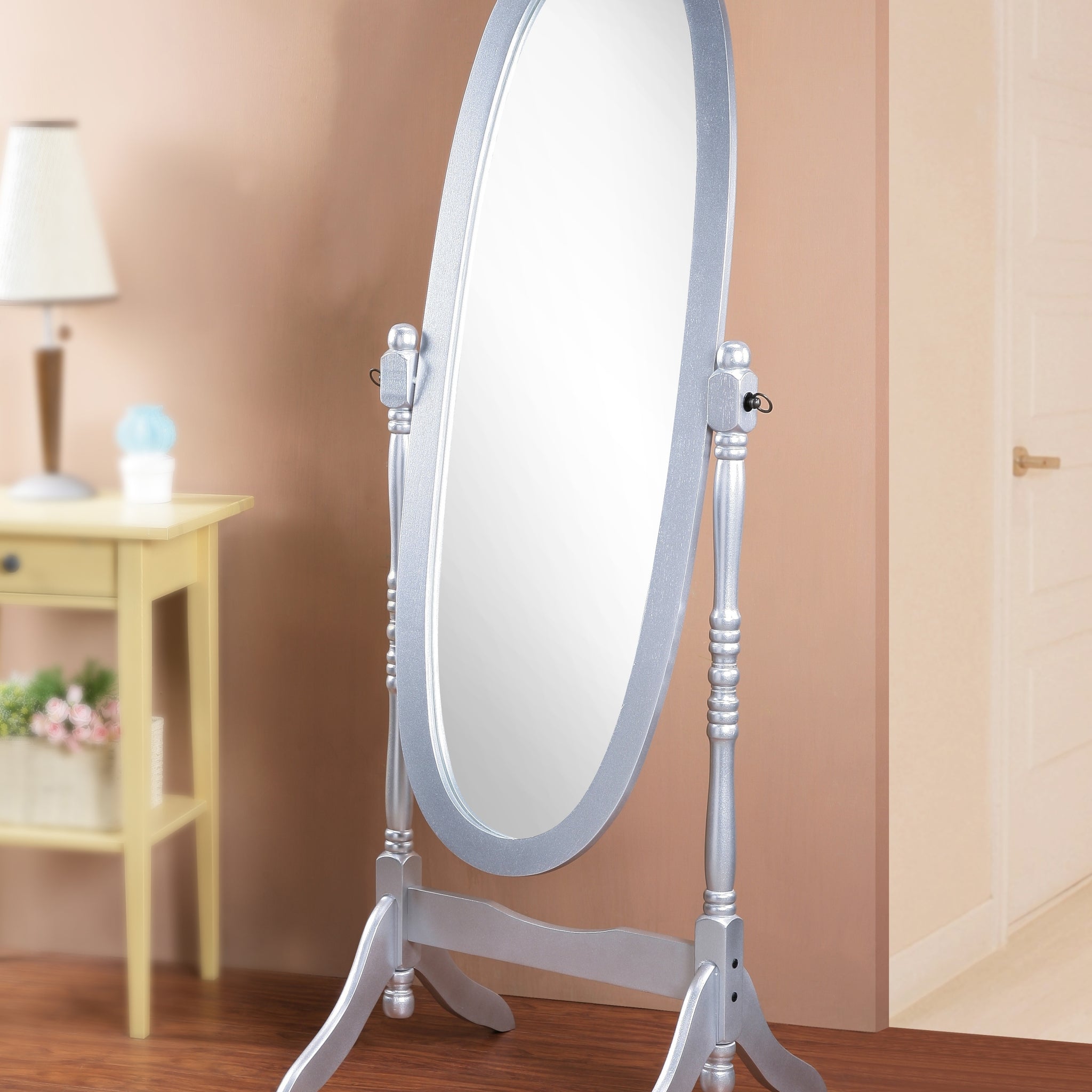 Traditional Queen Anna Style Wood Floor Cheval Mirror, Silver Finish Silver Wood