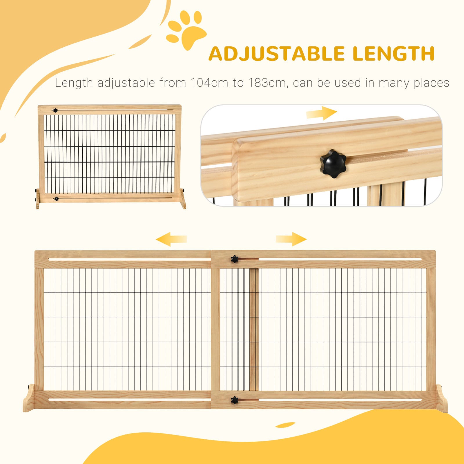 Pawhut 72" W X 27.25" H Extra Wide Freestanding Pet Gate With Adjustable Length Dog, Cat, Barrier For House, Doorway, Hallway, Natural Natural Wood