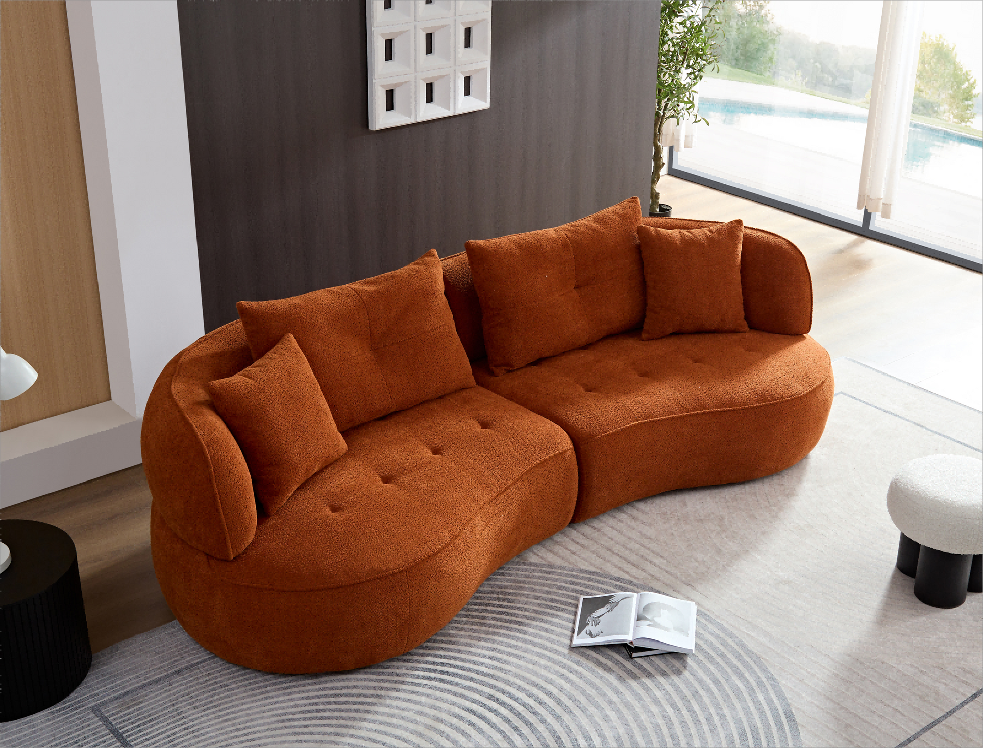 Wks7C Orange Sectional Sofa With Removable Pillows, Durable Fabric, Solid Wood Frame, High Density Sponge Filler Orange Fabric 4 Seat