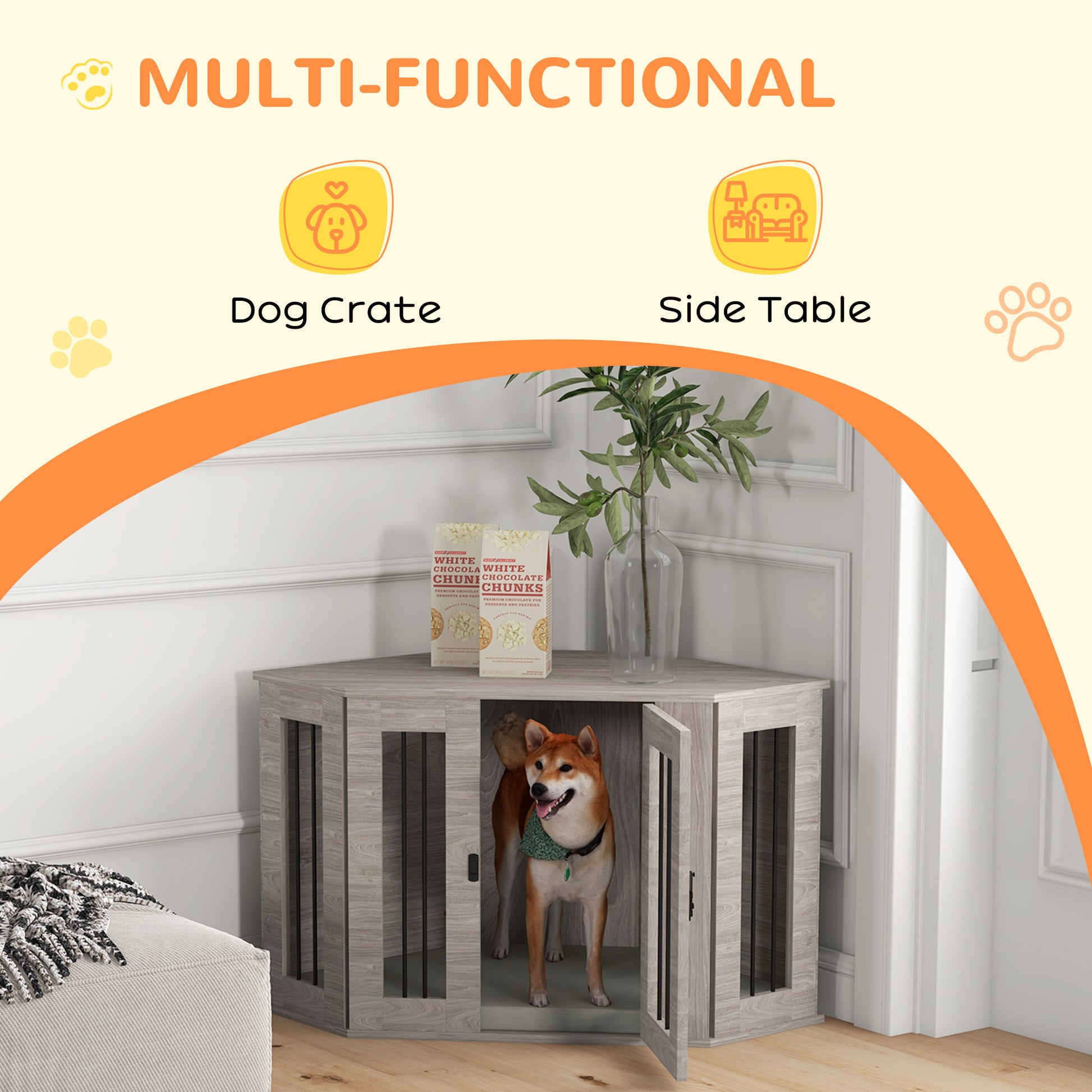 Pawhut Corner Dog Crate Furniture, End Table Dog Kennel Furniture With Cushion, Pet Crate For Medium Sized Dog Indoor Use, Walnut Brown Brown Steel