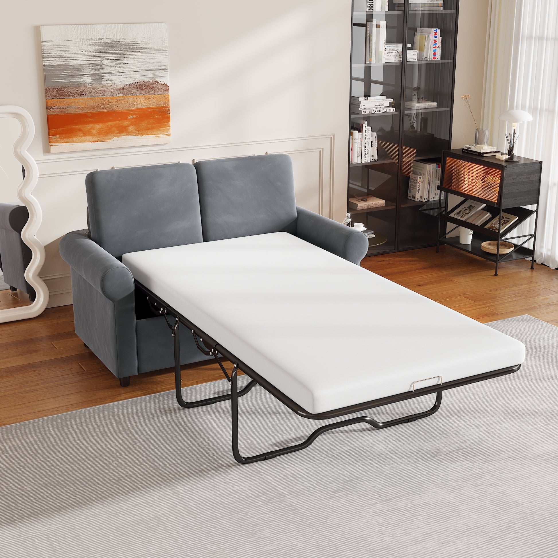 57.4" Pull Out Sofa Bed,Sleeper Sofa Bed With Premium Twin Size Mattress Pad,2 In 1 Pull Out Couch Bed With Two Usb Ports For Living Room,Small Apartment, Gray Old Sku:Wf296899 Gray Foam Velvet