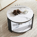 28.35 Inches Round Coffee Table, Small Coffee Table With Storage, Faux Marbling Top & Sturdy Metal Legs, Modern Sofa Table For Living Room, Small Spaces, Home Furniture With Storage Open Shelf. Black Black Mdf Metal