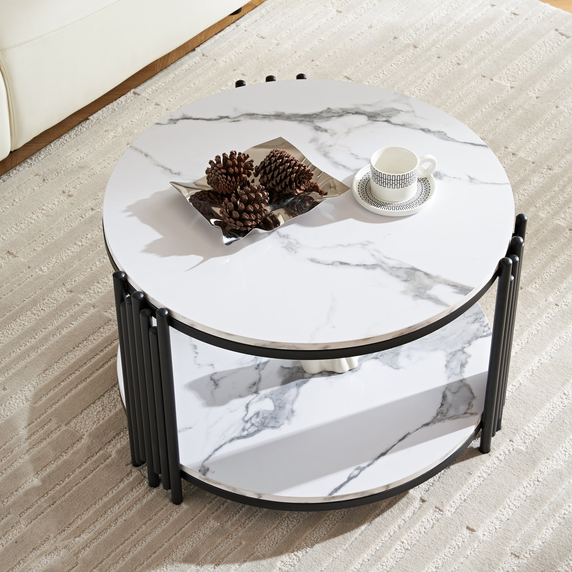 28.35 Inches Round Coffee Table, Small Coffee Table With Storage, Faux Marbling Top & Sturdy Metal Legs, Modern Sofa Table For Living Room, Small Spaces, Home Furniture With Storage Open Shelf. Black Black Mdf Metal