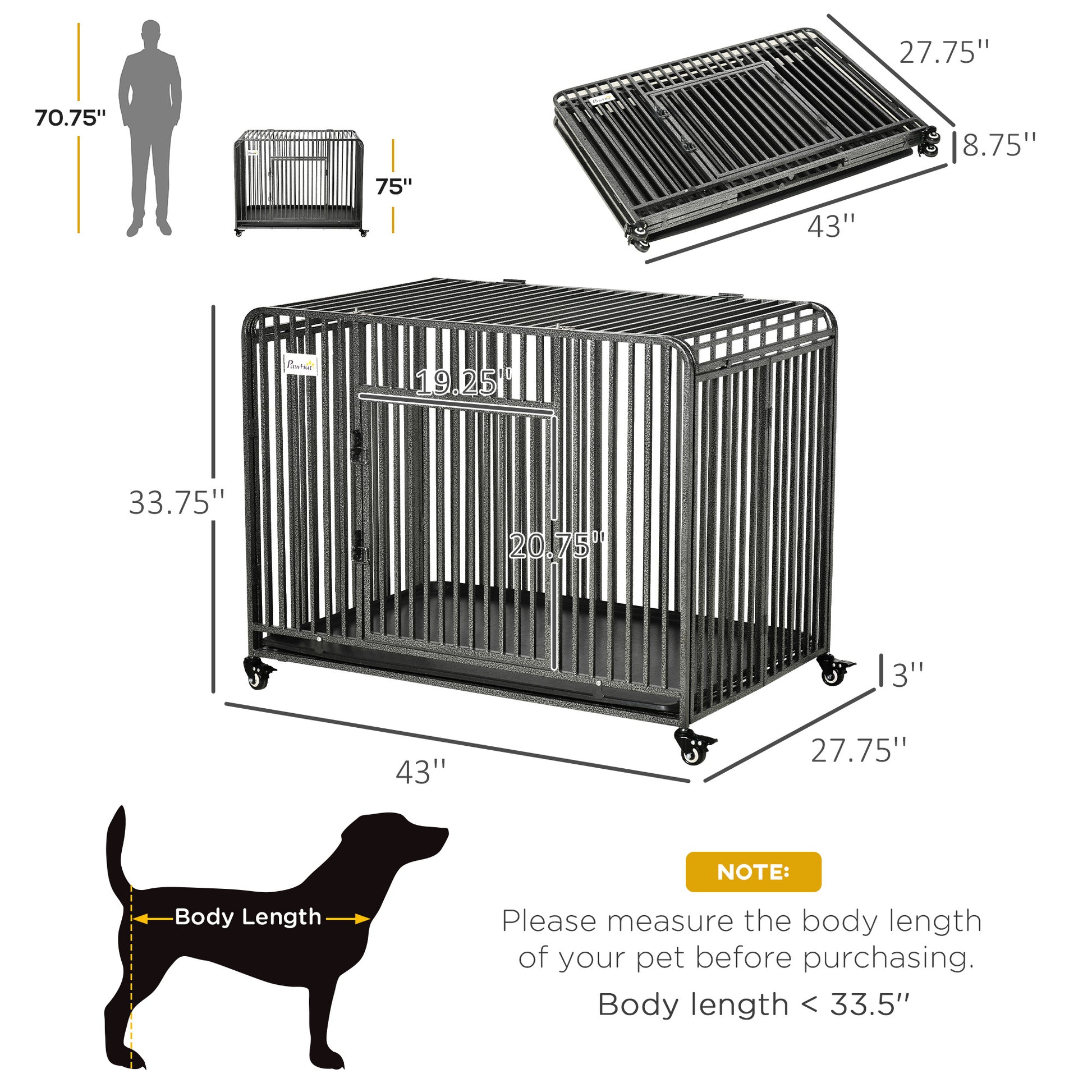 Pawhut Foldable Heavy Duty Dog Cage, Chew Proof Dog Crate On Wheels, Portable Dog Crate Kennel With Removable Tray, Large And Medium Pups, 43" Silver Steel