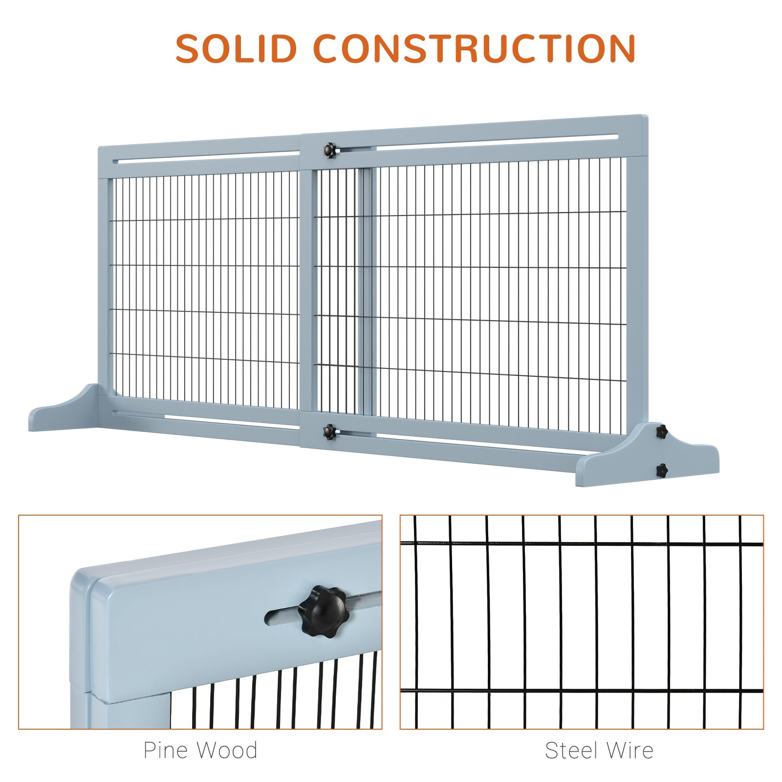 Pawhut 72" W X 27.25" H Extra Wide Freestanding Pet Gate With Adjustable Length Dog, Cat, Barrier For House, Doorway, Hallway, Blue Grey Gray Wood