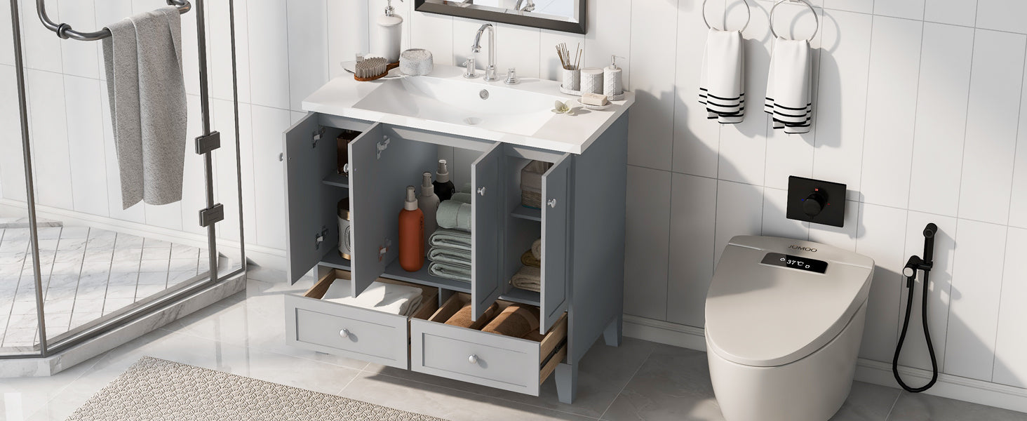 36'' Bathroom Vanity With Resin Sink Combo,Solid Wood Frame Bathroom Storage Cabinet, Freestanding Vanity Set With 4 Soft Closing Doors& 2 Drawers 2 Grey 4 5 Adjustable Shelves Bathroom Freestanding Solid Wood Mdf Resin Painted