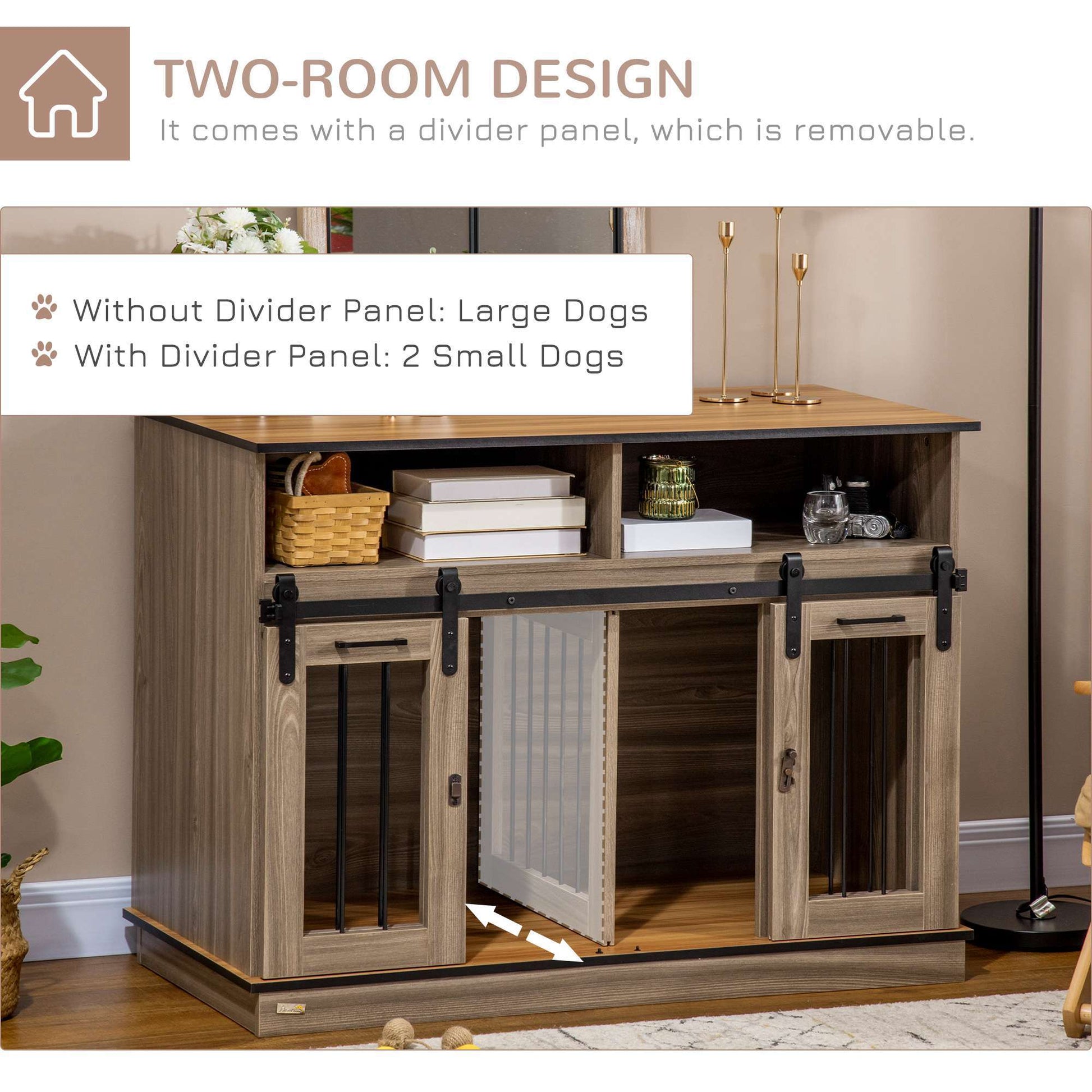Pawhut Dog Crate Furniture For Large Dogs Or Double Dog Kennel For Small Dogs With Shelves, Sliding Doors, 47" X 23.5" X 35", Oak Natural Steel