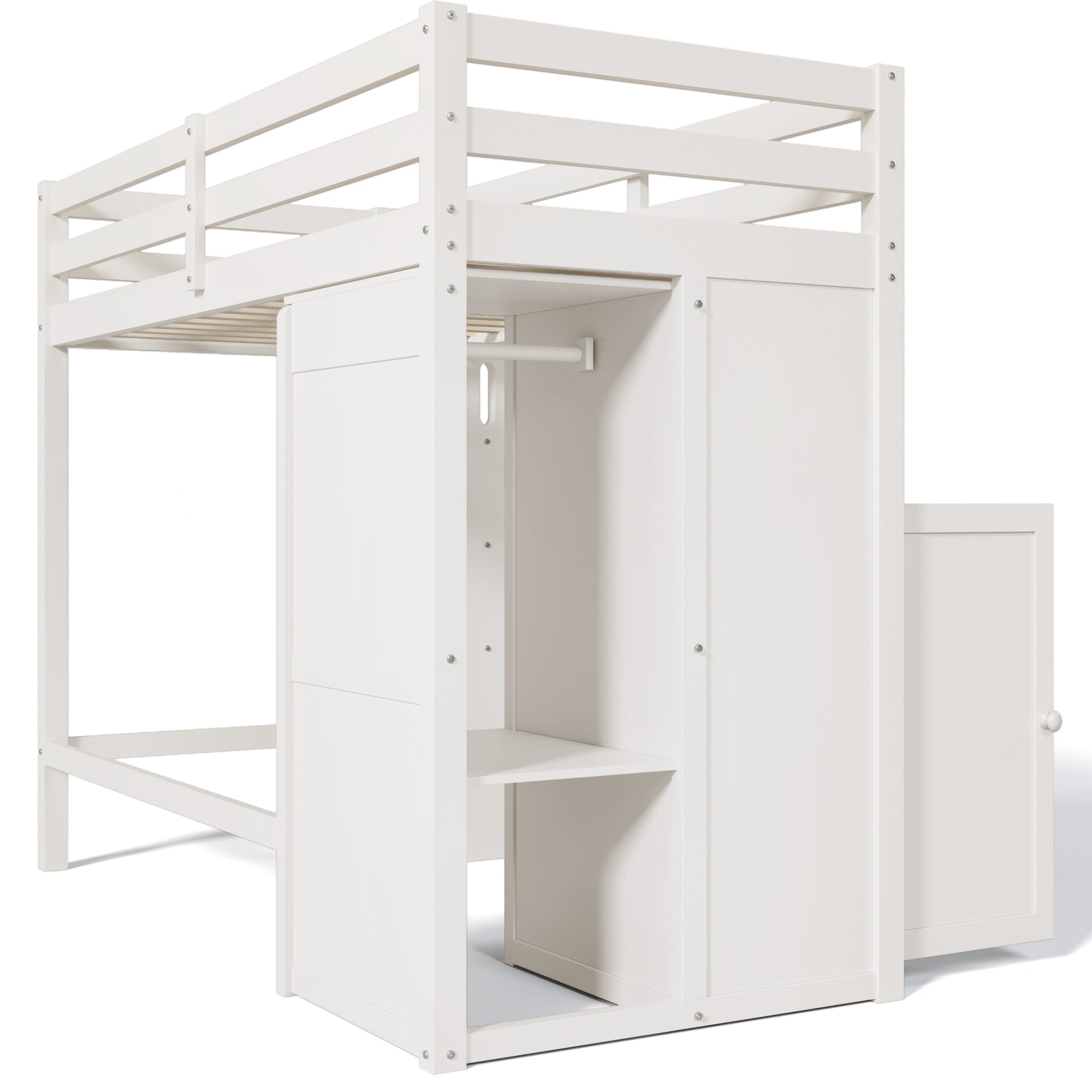 Twin Loft Bed With Wardrobe, Storage Shelves And Ladder, White Twin White Solid Wood Mdf