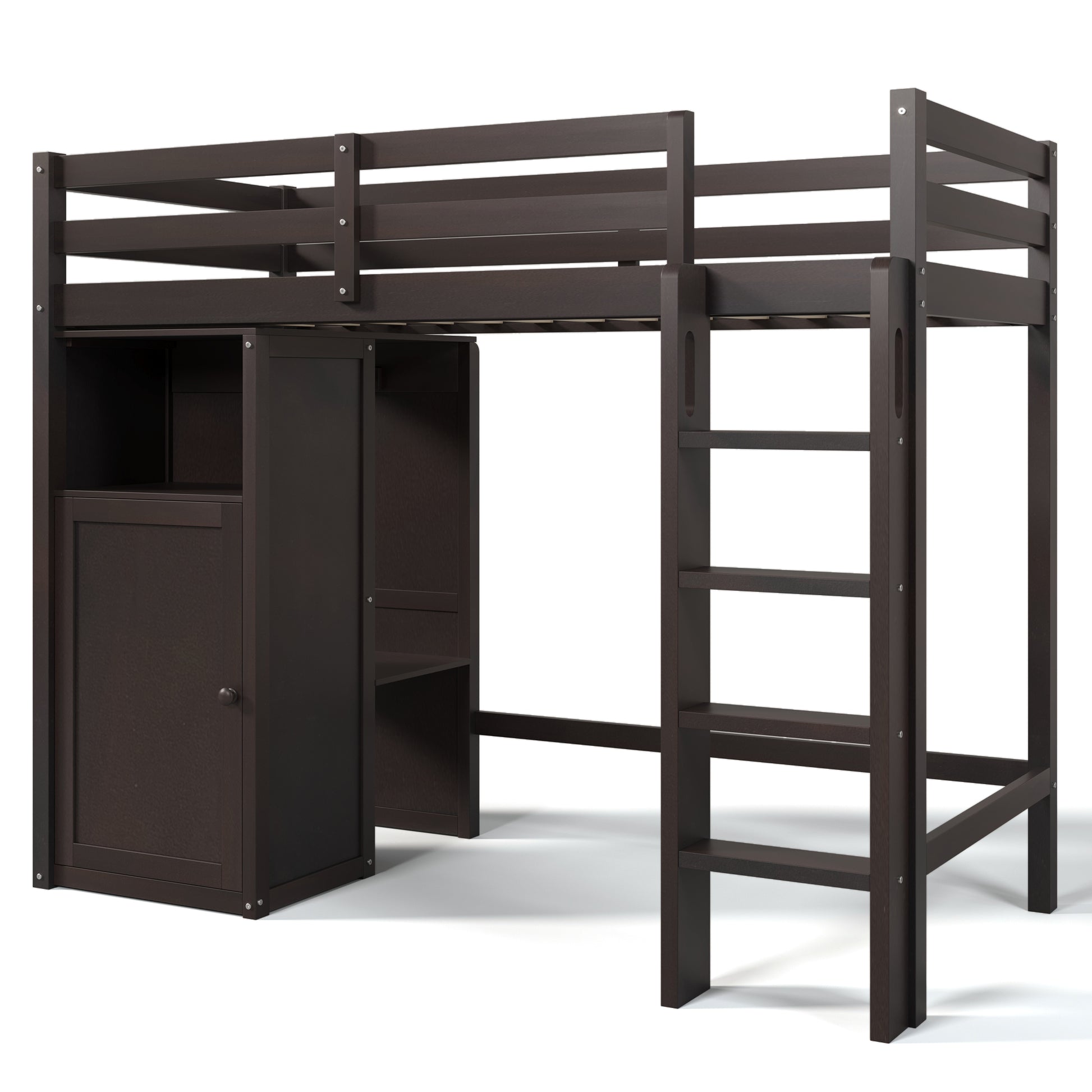 Twin Loft Bed With Wardrobe, Storage Shelves And Ladder, Espresso Twin Espresso Solid Wood Mdf