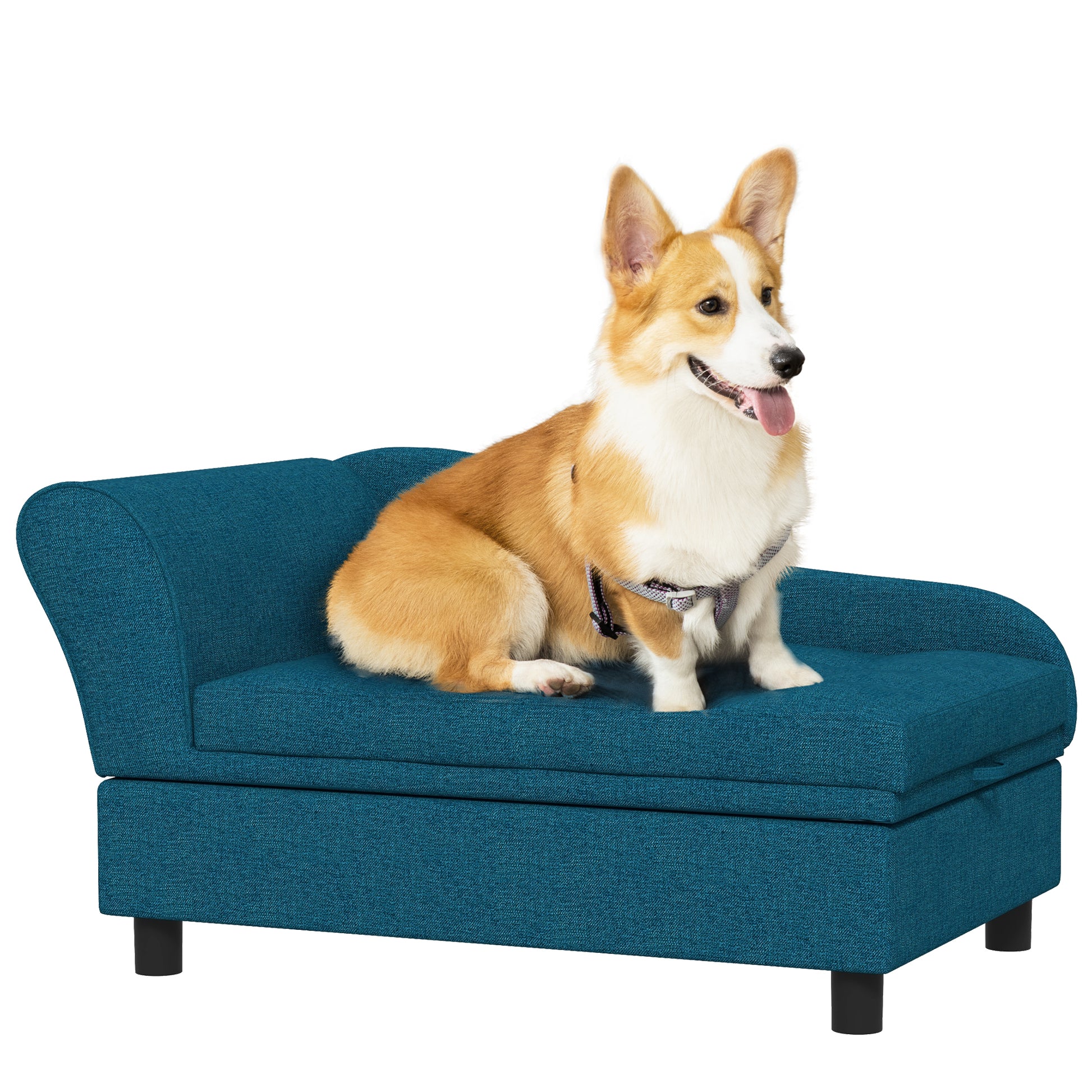 Pawhut Pet Sofa, Dog Couch, Elevated Pet Bed For Small And Medium Dogs, With Hidden Storage, Soft Tufted Cushion, Dark Blue Blue Wood