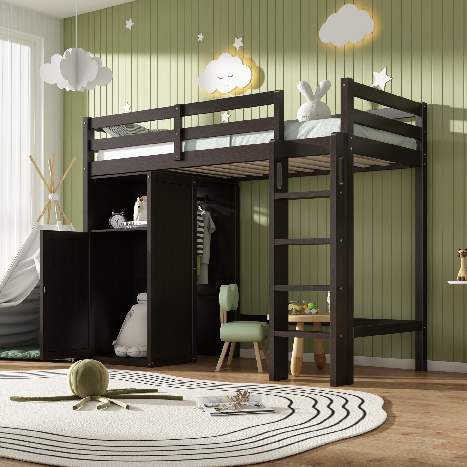 Twin Loft Bed With Wardrobe, Storage Shelves And Ladder, Espresso Twin Espresso Solid Wood Mdf