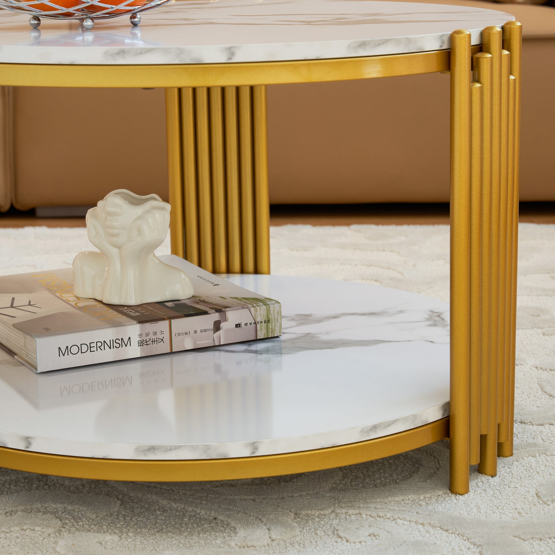 28.35 Inches Round Coffee Table, Small Coffee Table With Storage, Faux Marbling Top & Sturdy Metal Legs, Modern Sofa Table For Living Room, Small Spaces, Home Furniture With Storage Open Shelf. Gold Gold Mdf Metal