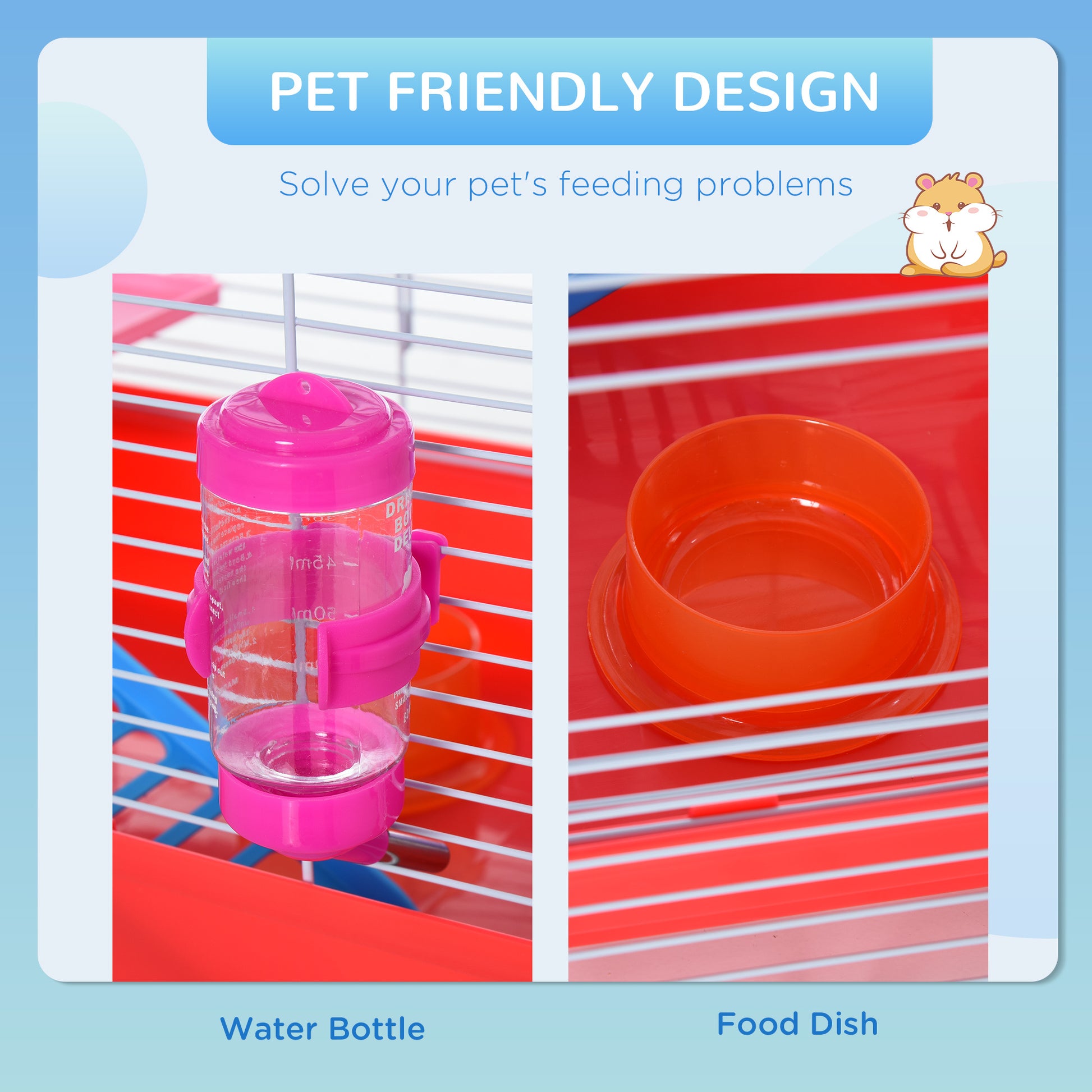 Pawhut 18.5" Hamster Cage With Exercise Wheel And Water Bottle, Dish, Rat House And Habitat 2 Story Design, Red Red Metal