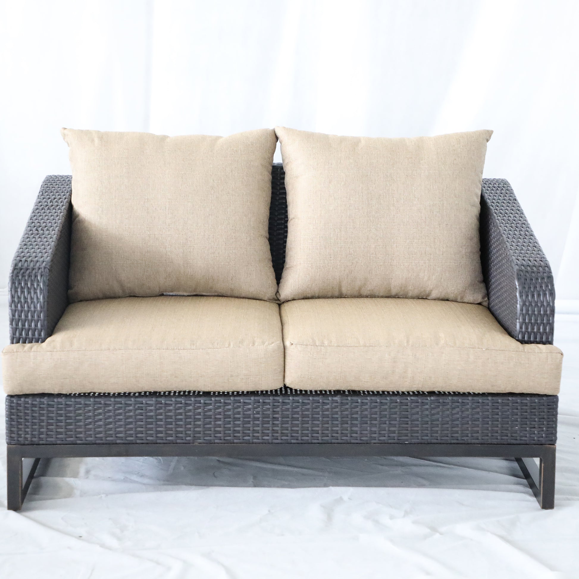 Comal Outdoor Furniture, Wicker Loveseat With Cushions, Brown Chocolate Brown Aluminium Wicker