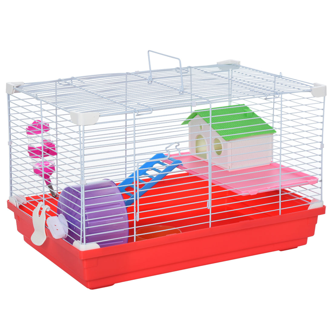 Pawhut 18.5" Hamster Cage With Exercise Wheel And Water Bottle, Dish, Rat House And Habitat 2 Story Design, Red Red Metal