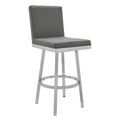 30 Inch Swivel Barstool With Metal Frame And Hexagonal Back, Gray Gray Faux Leather