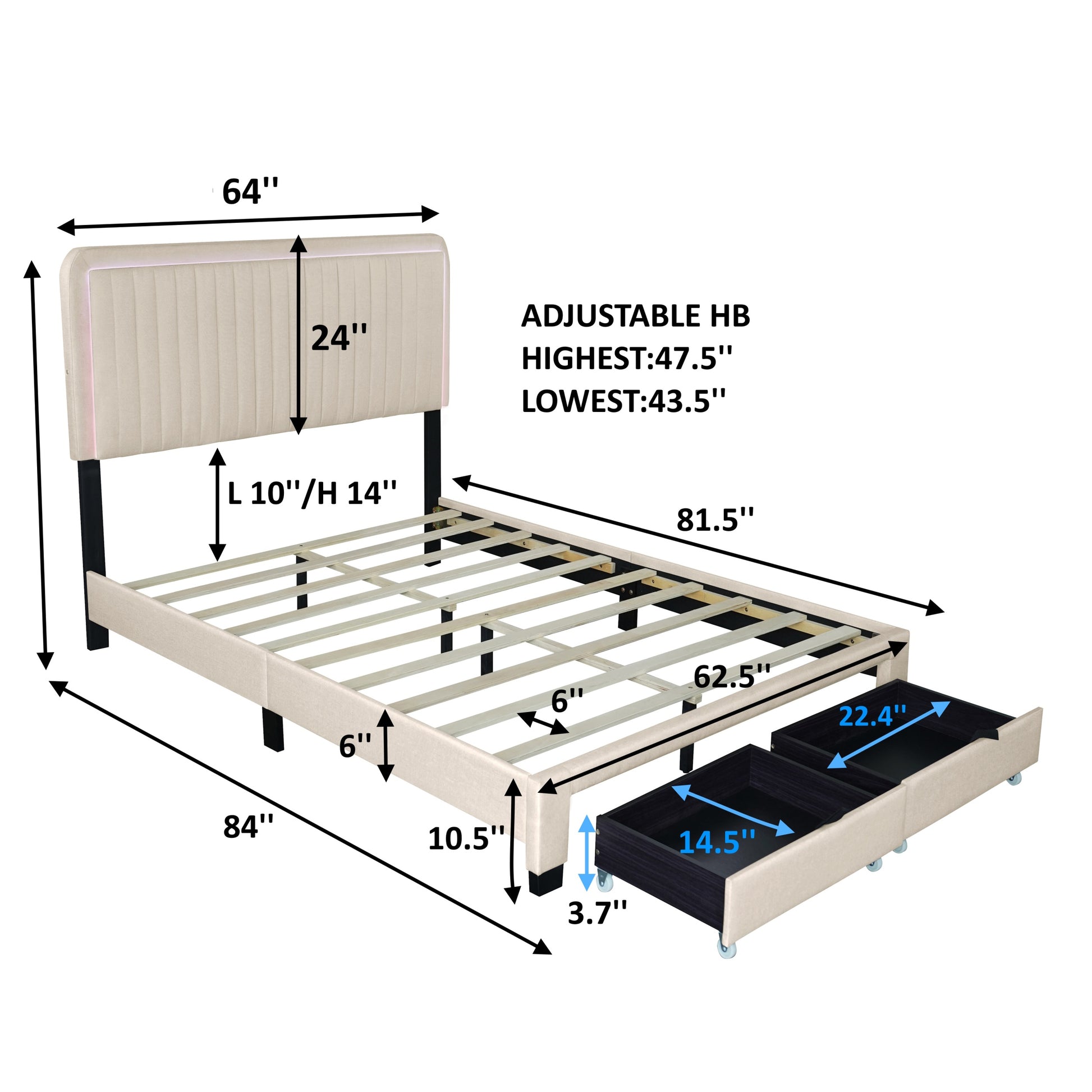 Queen Size Upholstered Bed With Adjustable Height Mattress 10 To 14 Inches Led Design With Footboard Drawers Storage No Box Spring Required Beige Box Spring Not Required Queen Beige Wood Espresso Bedroom American
