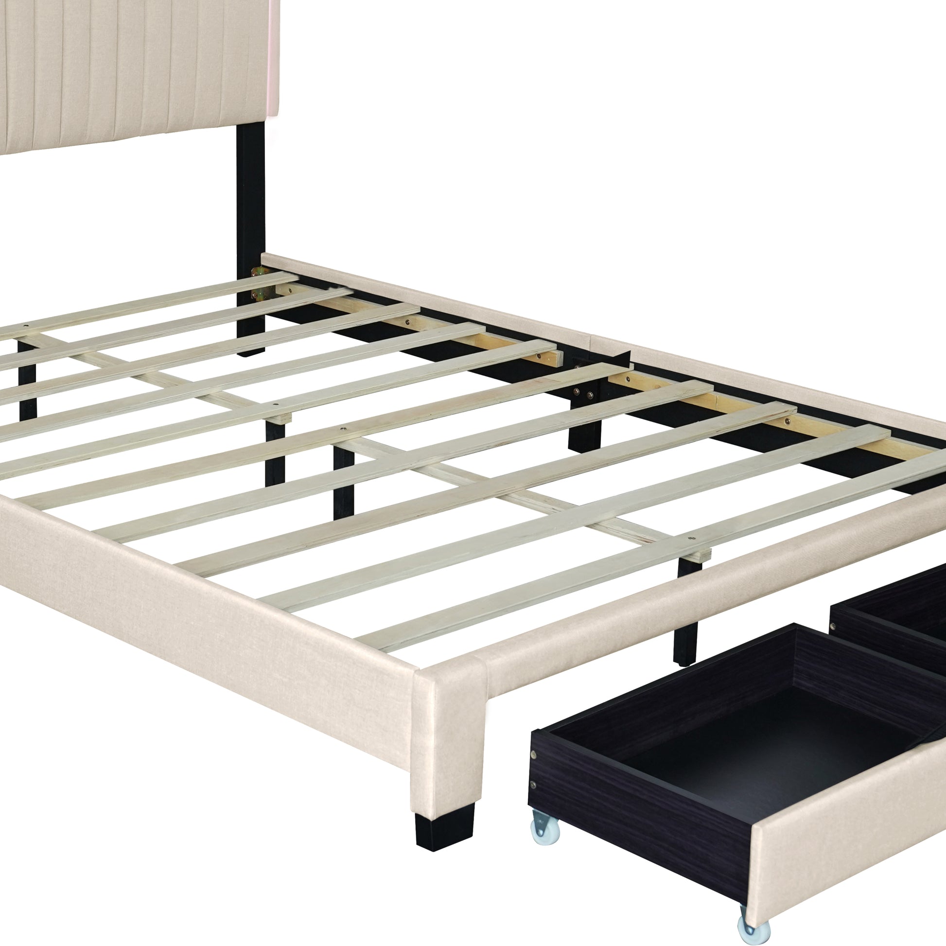 Queen Size Upholstered Bed With Adjustable Height Mattress 10 To 14 Inches Led Design With Footboard Drawers Storage No Box Spring Required Beige Box Spring Not Required Queen Beige Wood Espresso Bedroom American